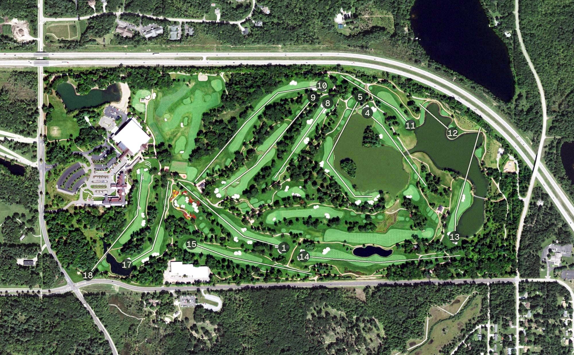 Aerial view of Sentry World Golf Center, WI, with its hole routing marked