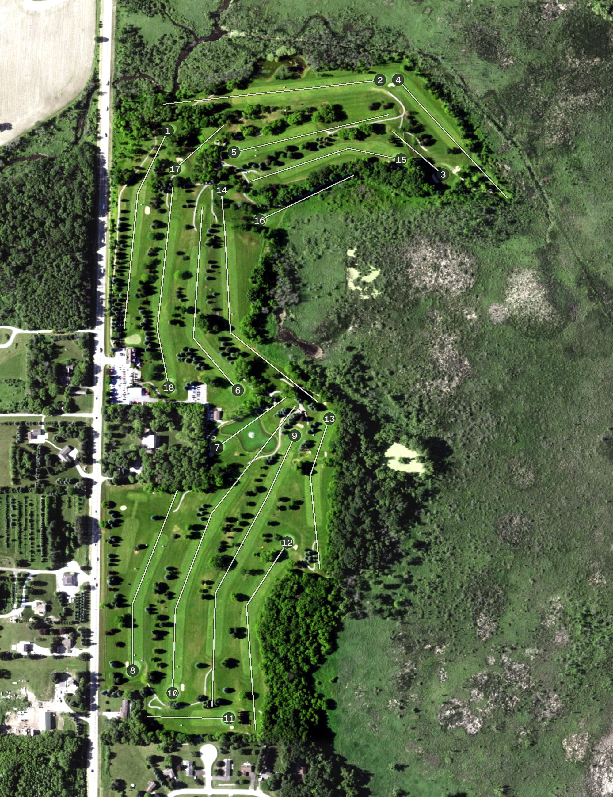 Aerial view of Songbird Hills Golf Club, WI, with its hole routing marked