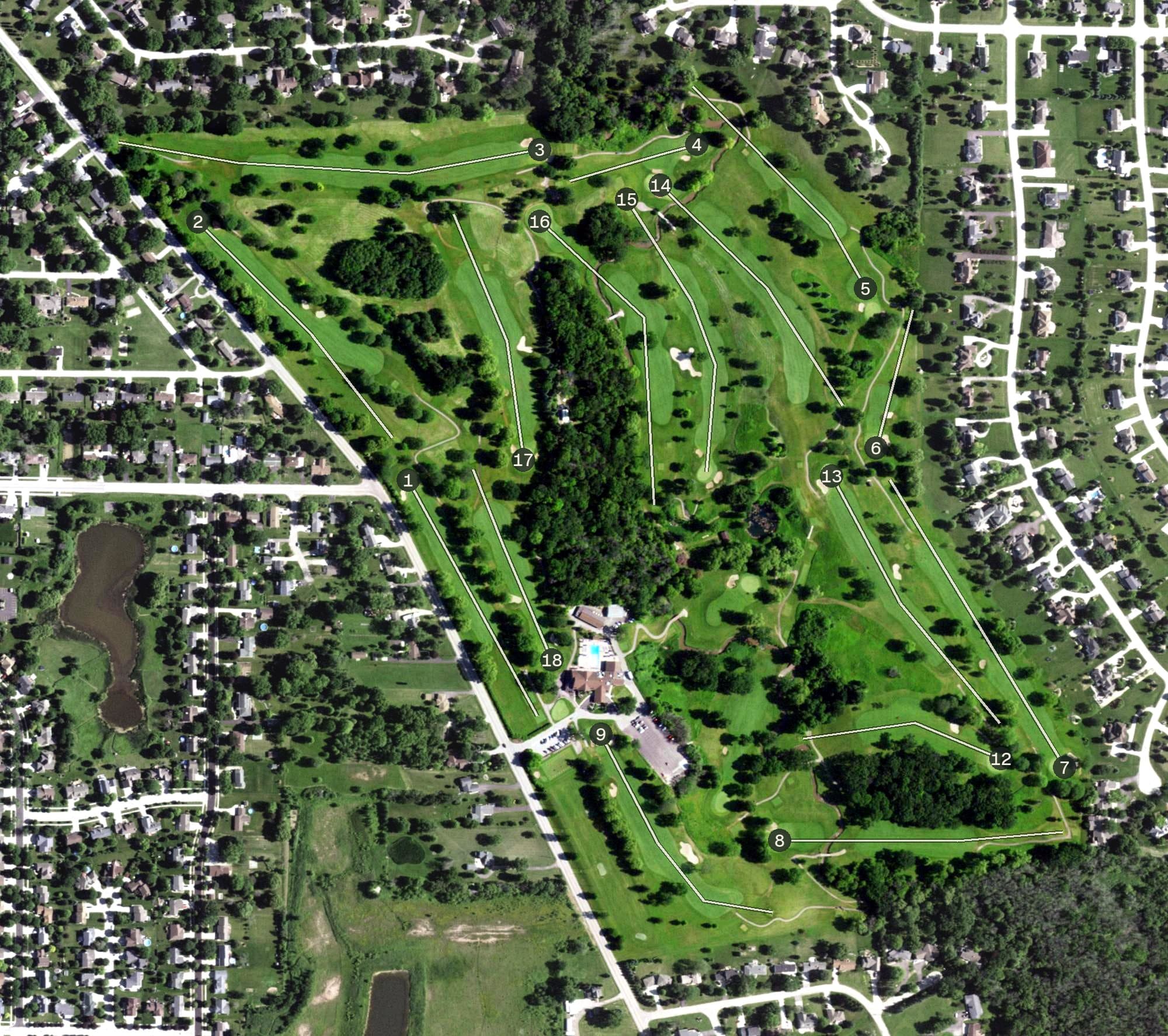 Aerial view of South Hills Golf & Country Club, WI, with its hole routing marked