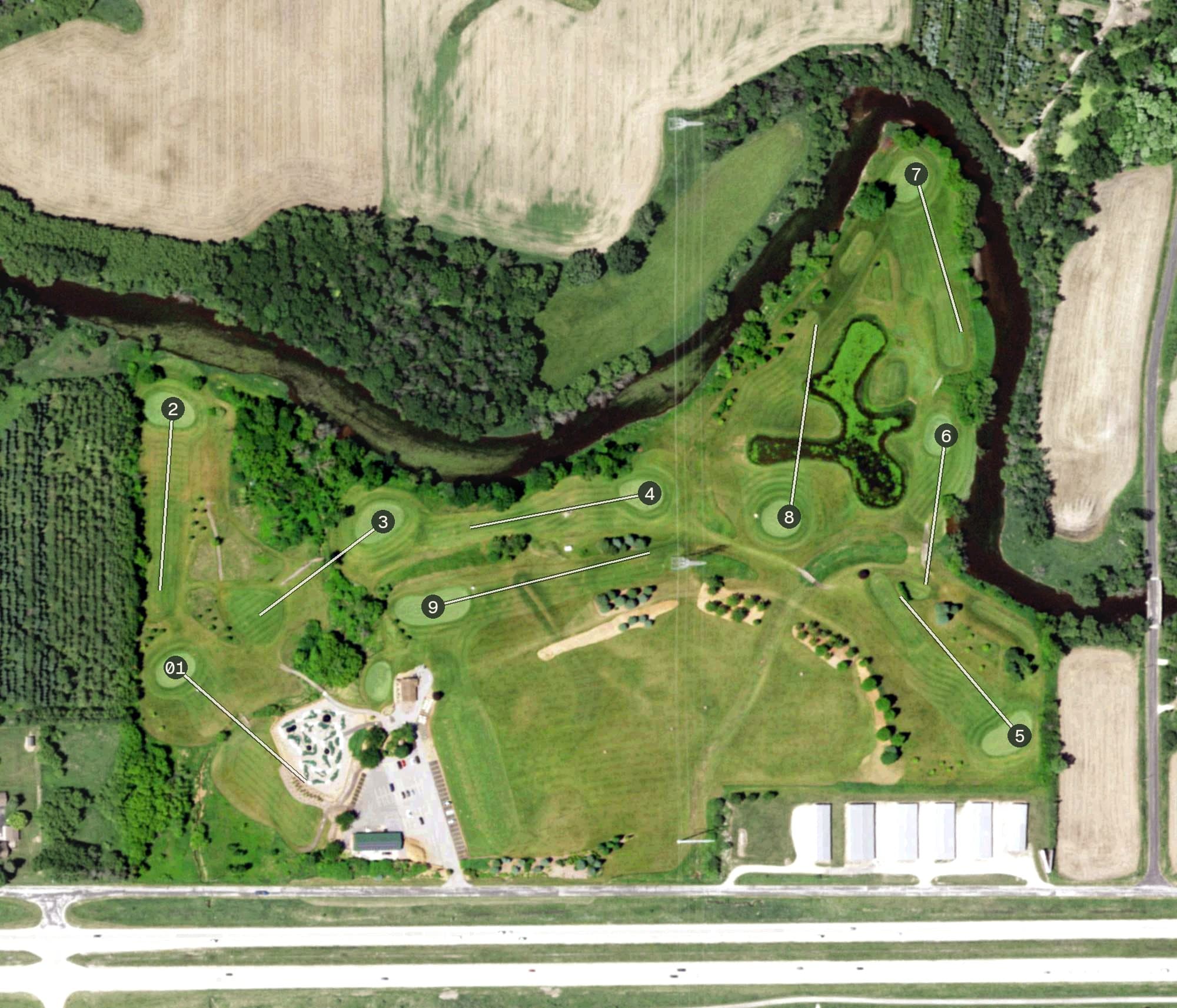 Aerial view of Sunset Hills Golf Course, WI, with its hole routing marked