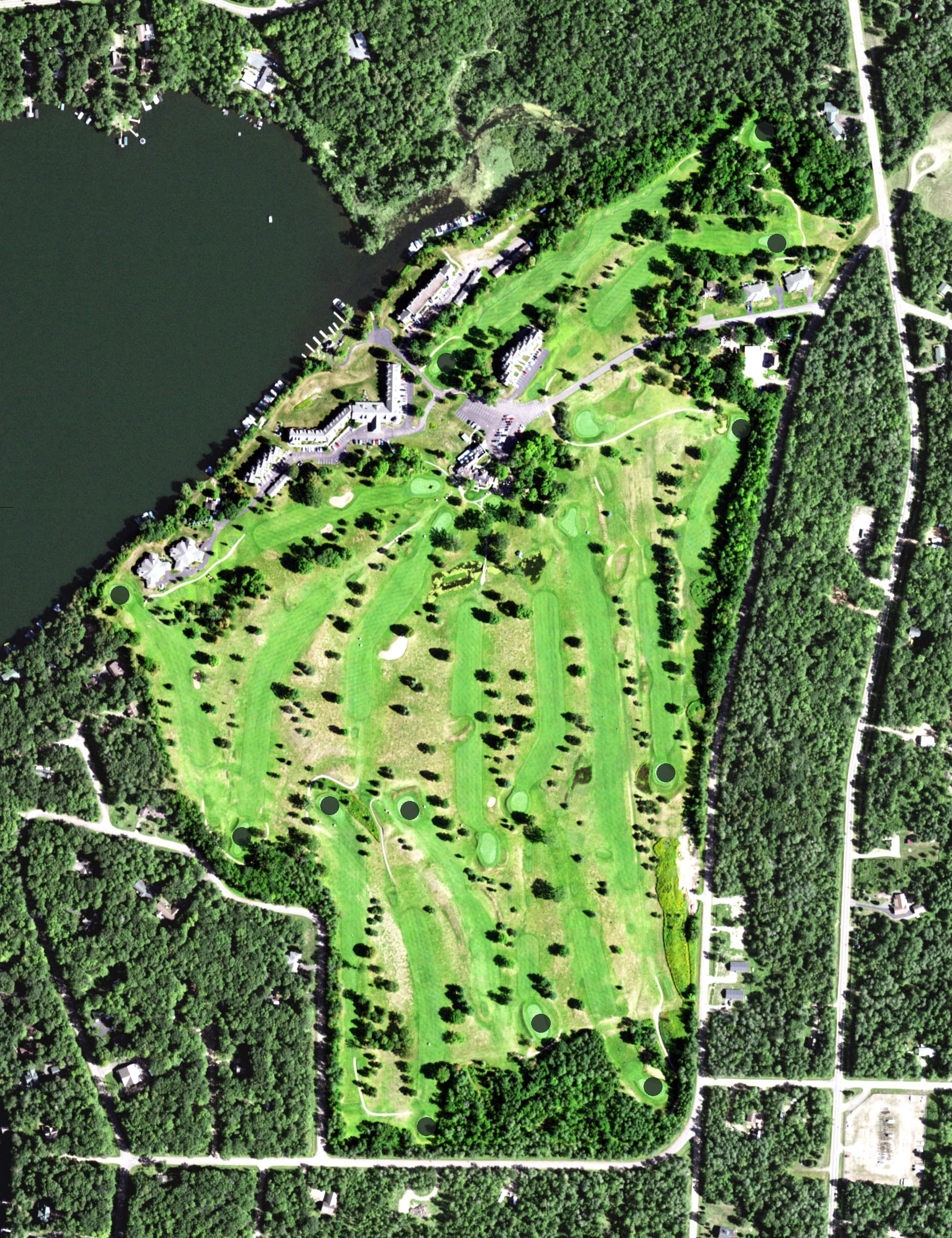 Aerial view of Tagalong Golf & Resort, WI, with its hole routing marked