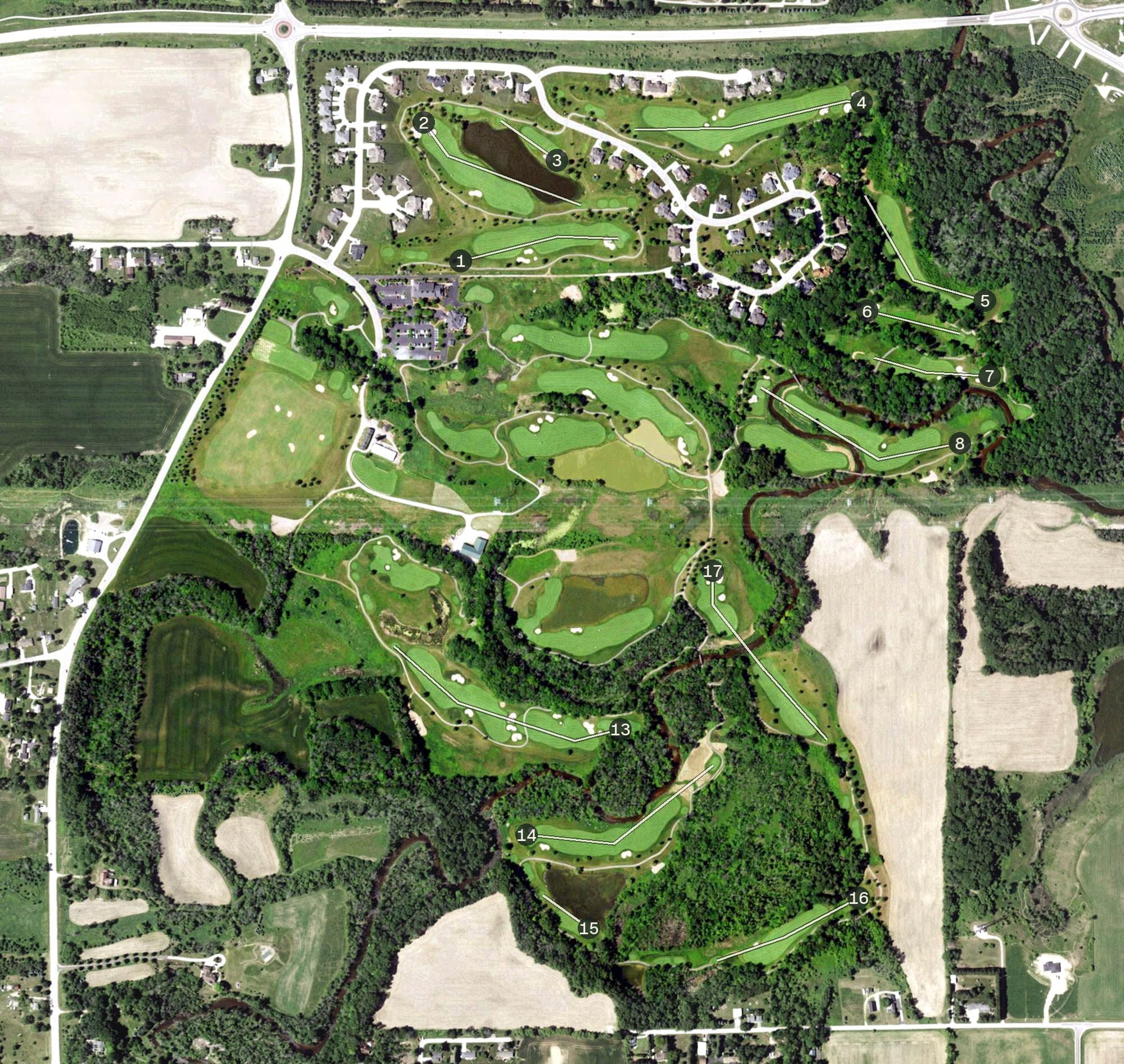 Aerial view of The Bull at Pinehurst Farms, WI, with its hole routing marked
