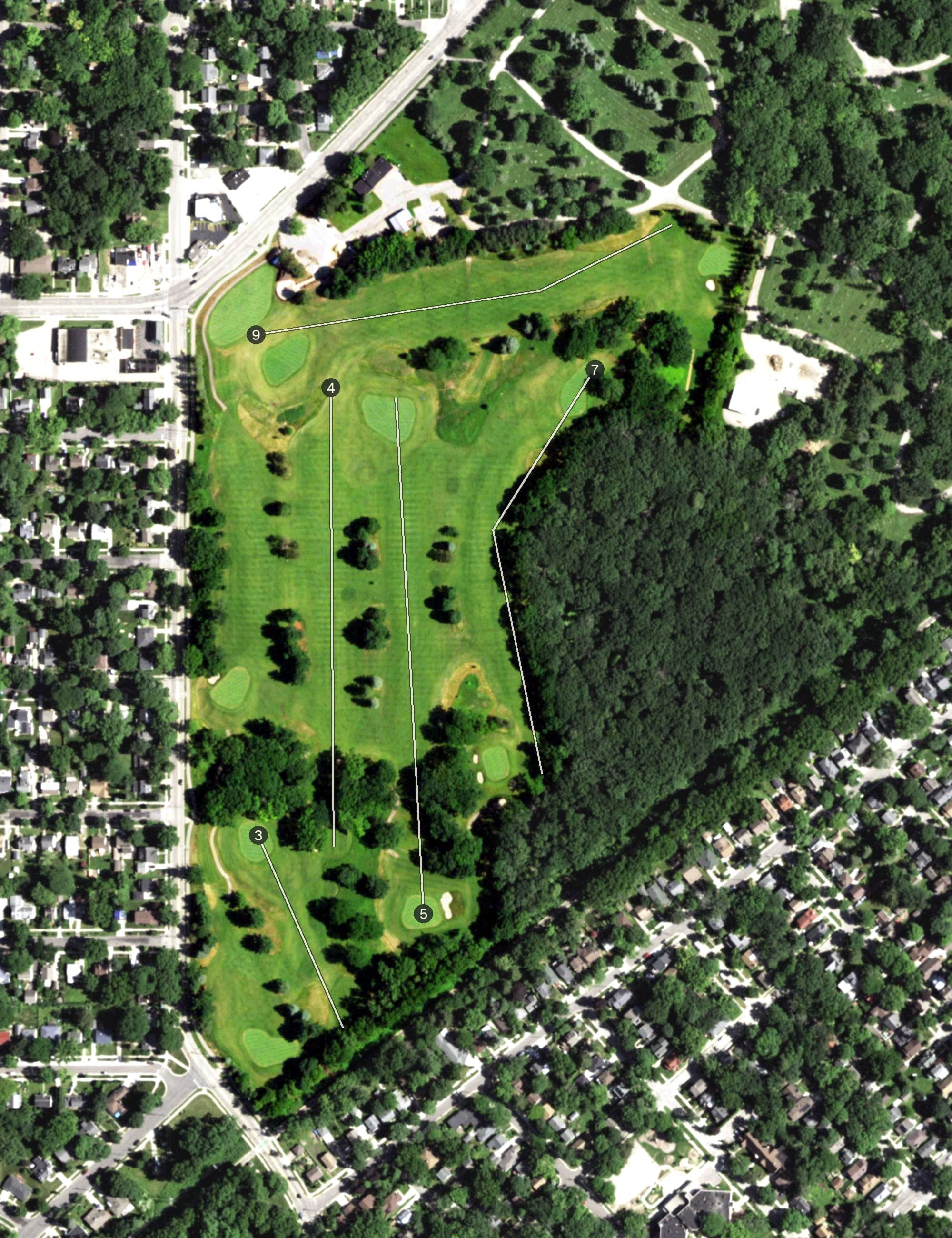 Aerial view of The Glen Golf Park, WI, with its hole routing marked