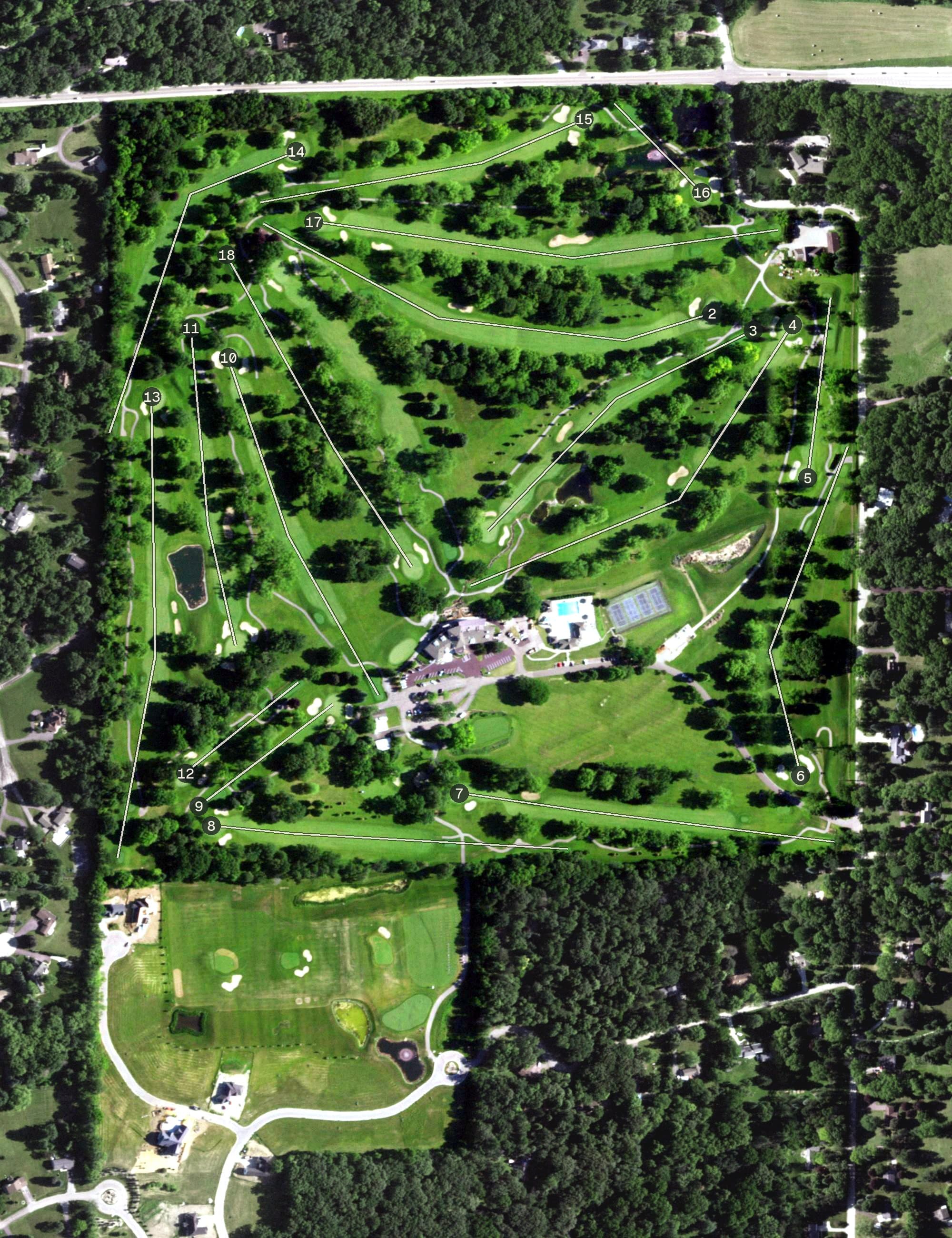 Aerial view of The Legend at Merrill Hills, WI, with its hole routing marked