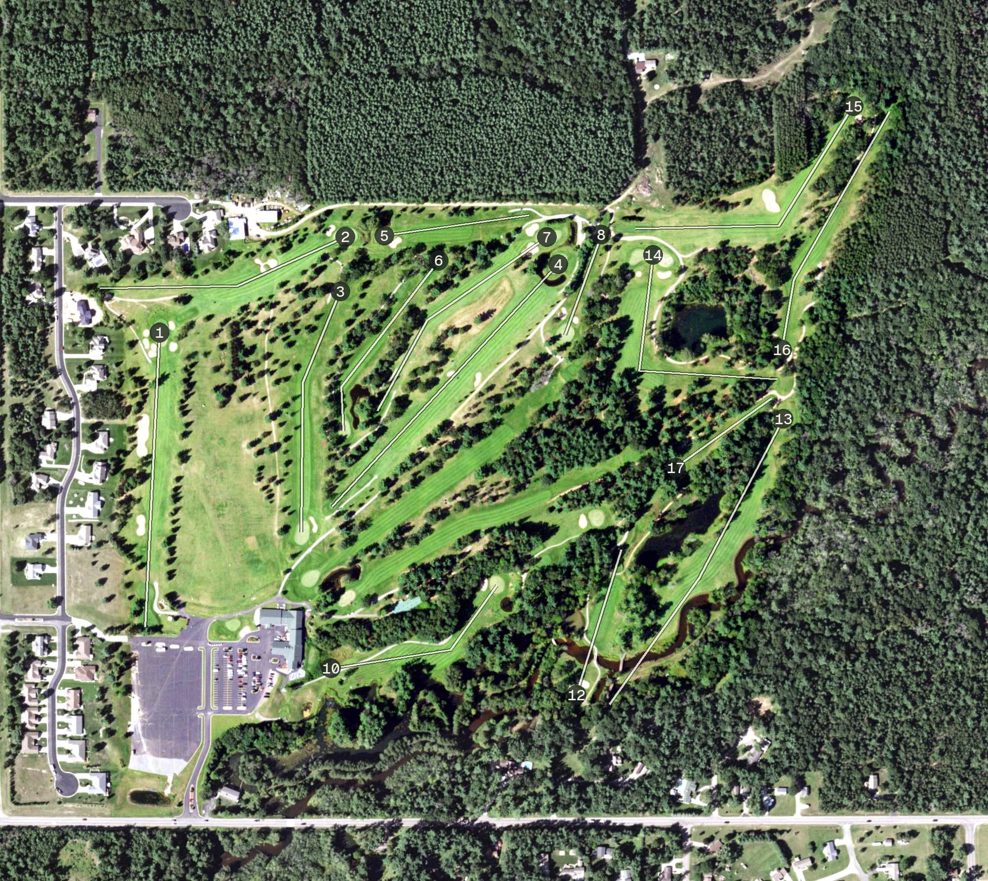 Aerial view of The Ridges Golf Course, WI, with its hole routing marked