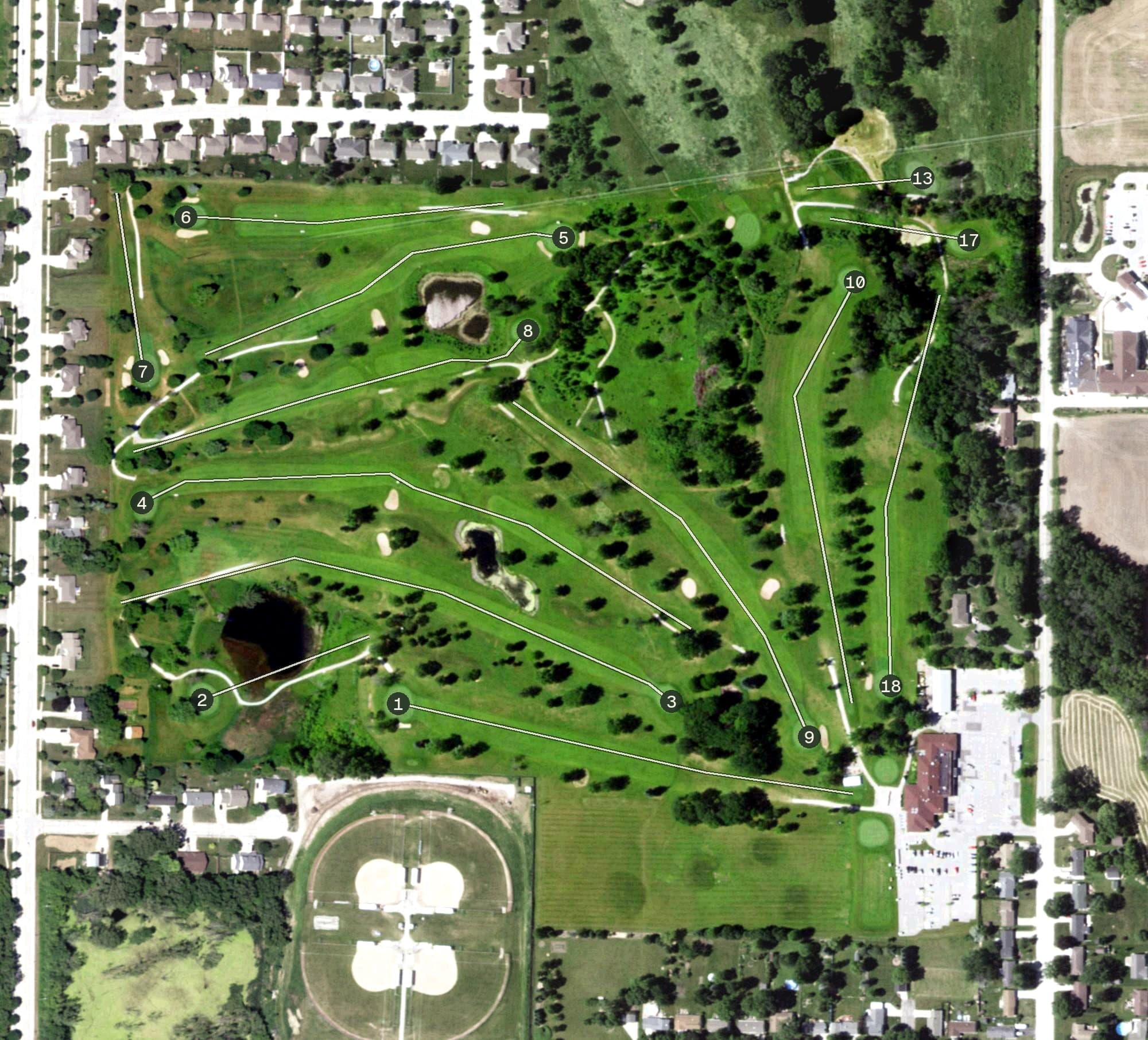 Aerial view of The Woods Golf Club, WI, with its hole routing marked