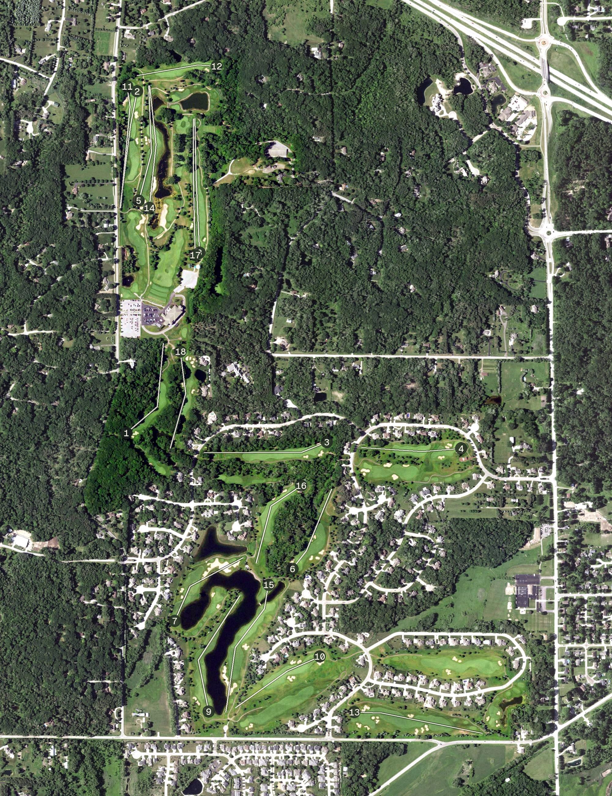 Aerial view of Thornberry Creek Country Club, WI, with its hole routing marked