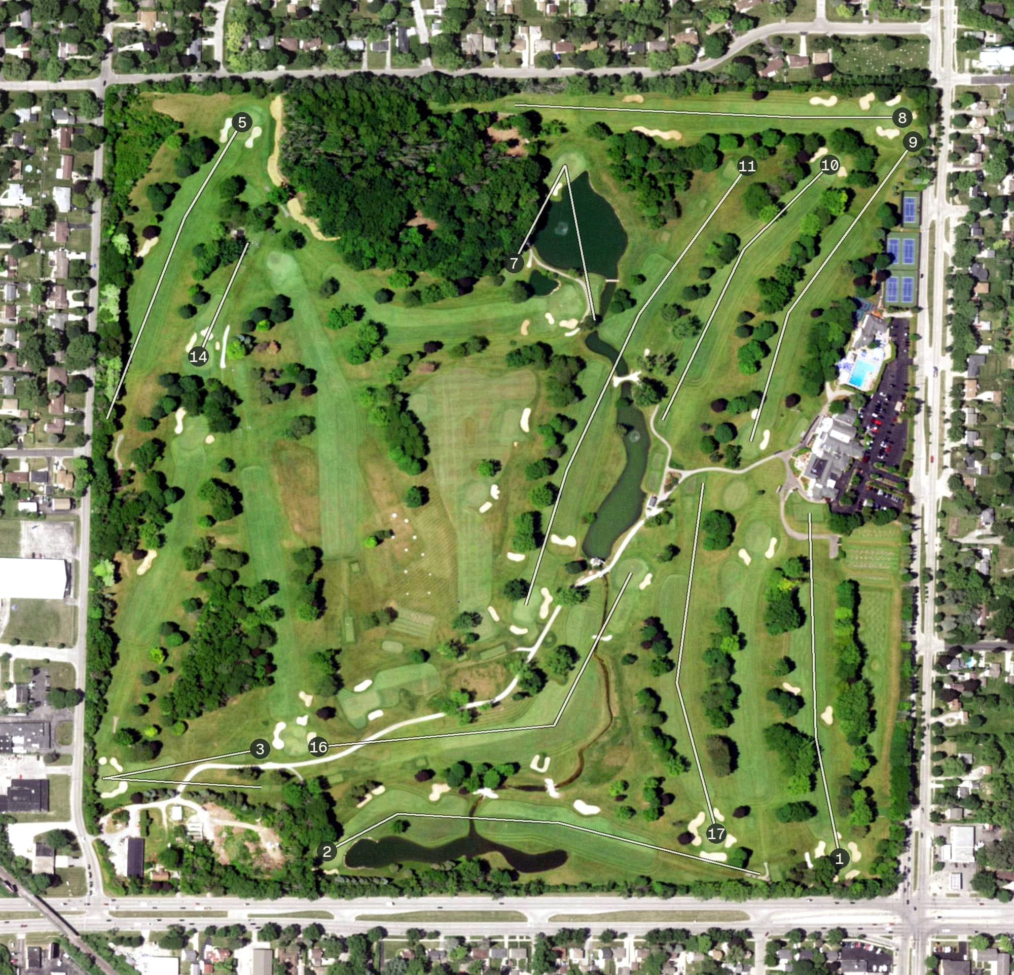 Aerial view of Tripoli Country Club, WI, with its hole routing marked
