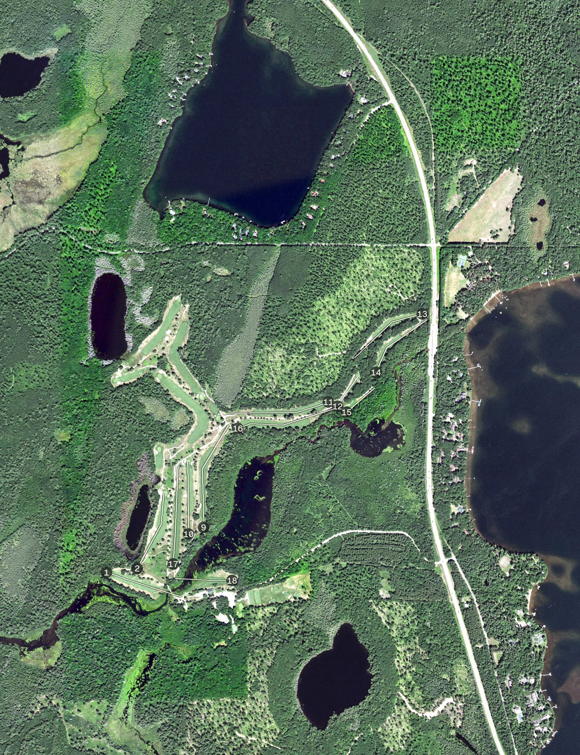 Aerial view of Trout Lake Golf Club, WI, with its hole routing marked