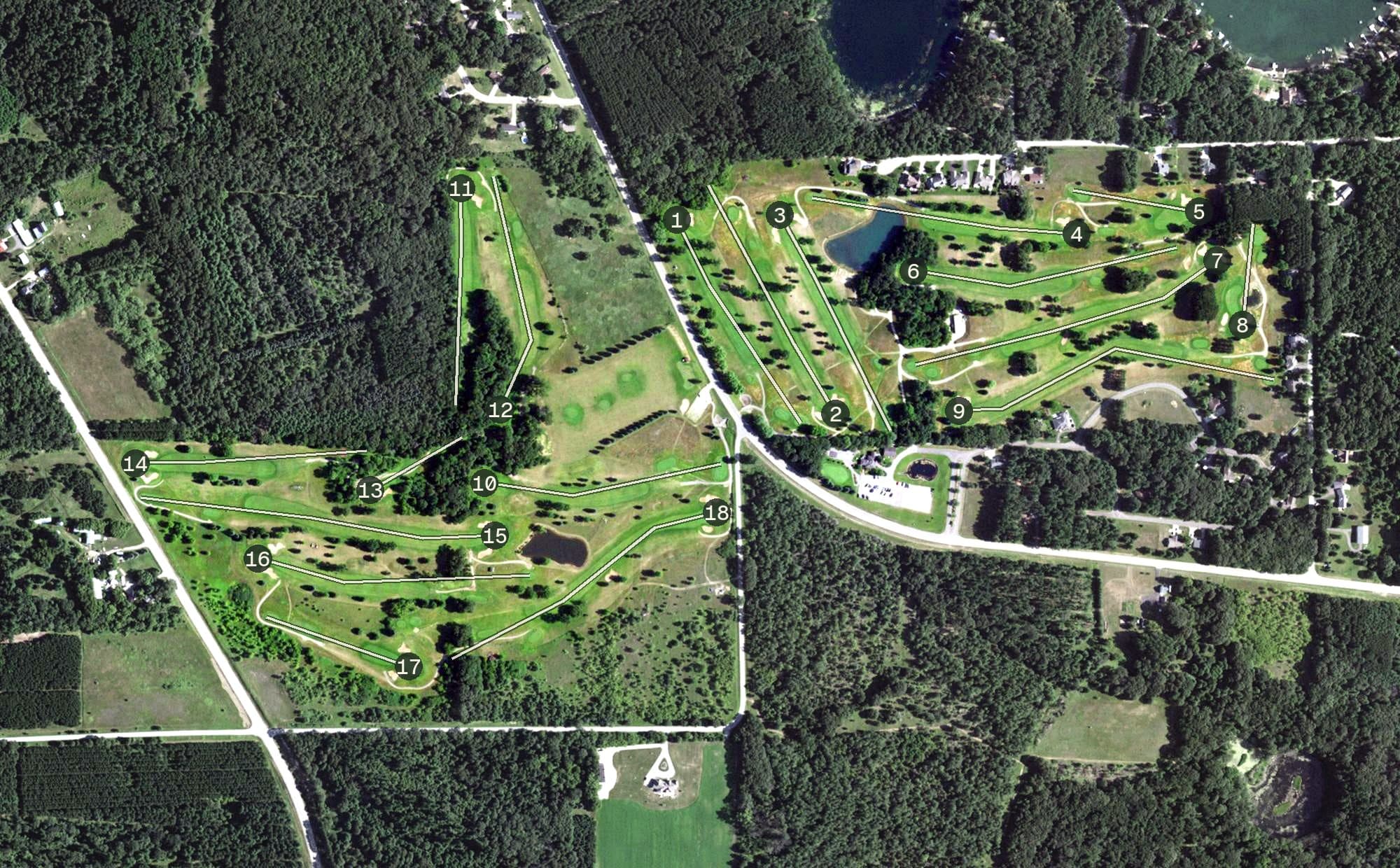 Aerial view of Two Oaks North Golf Club, WI, with its hole routing marked