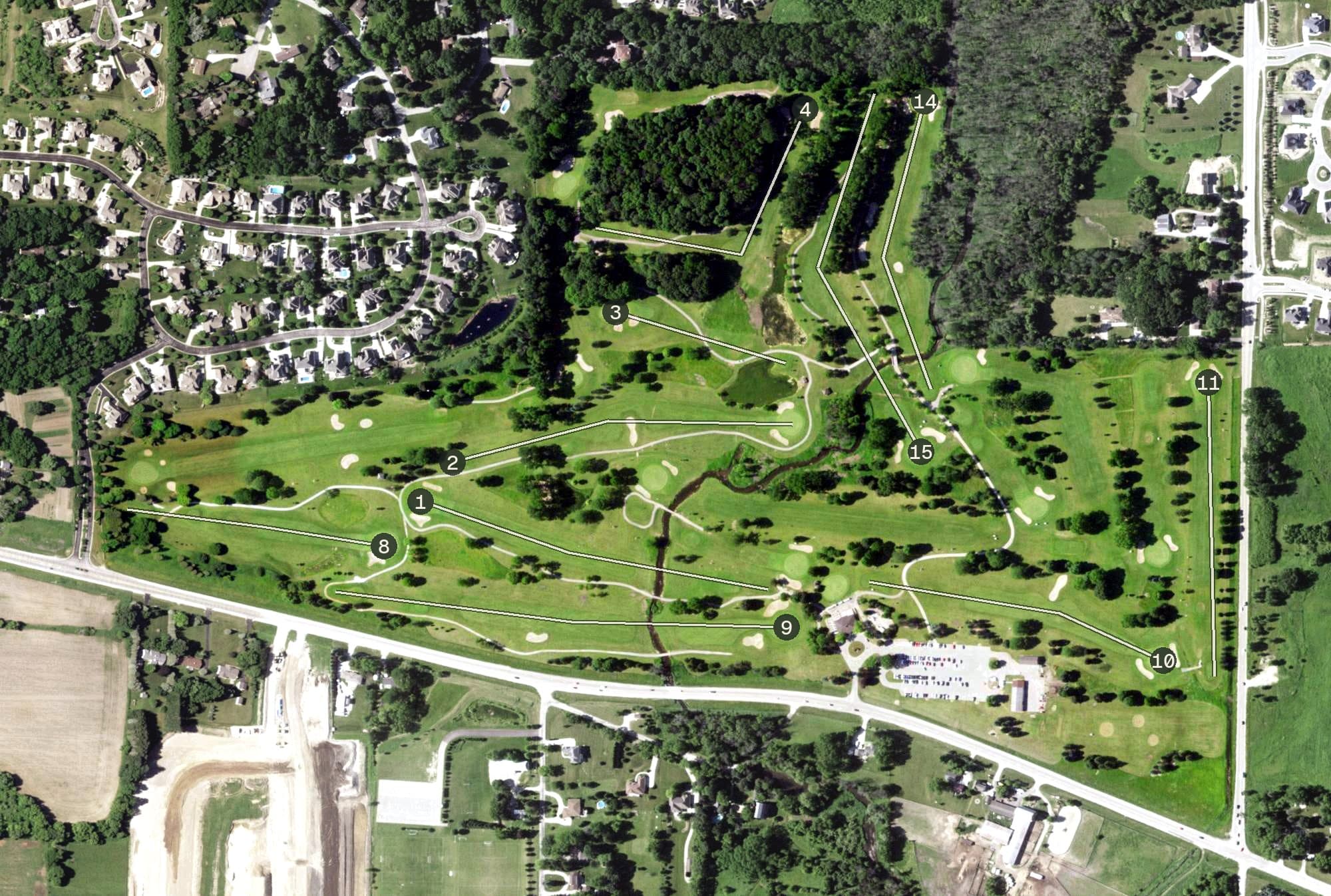 Aerial view of Wanaki Golf Course, WI, with its hole routing marked
