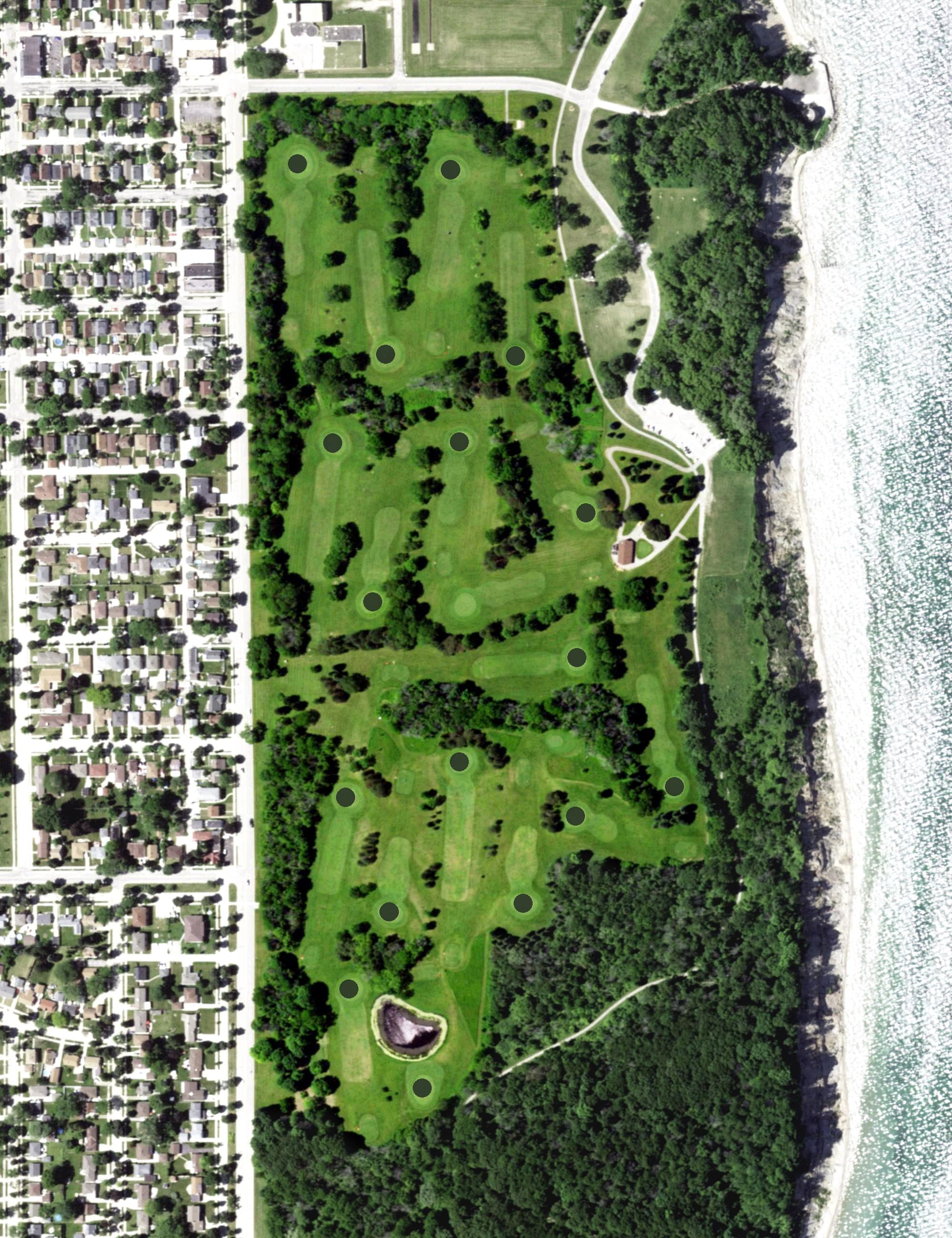 Aerial view of Warnimont Park Golf Course, WI, with its hole routing marked