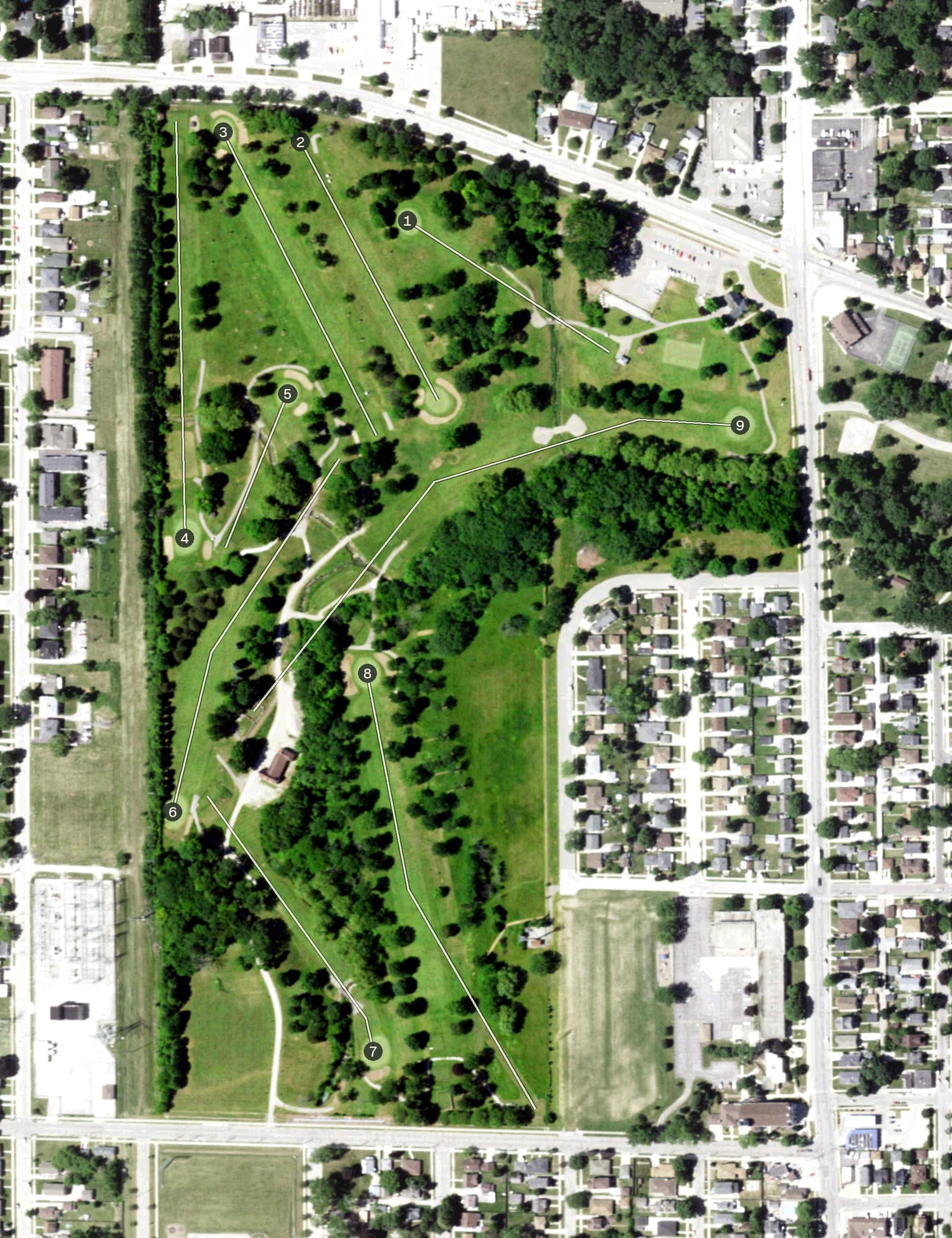 Aerial view of Washington Park Municipal Golf Course, WI, with its hole routing marked