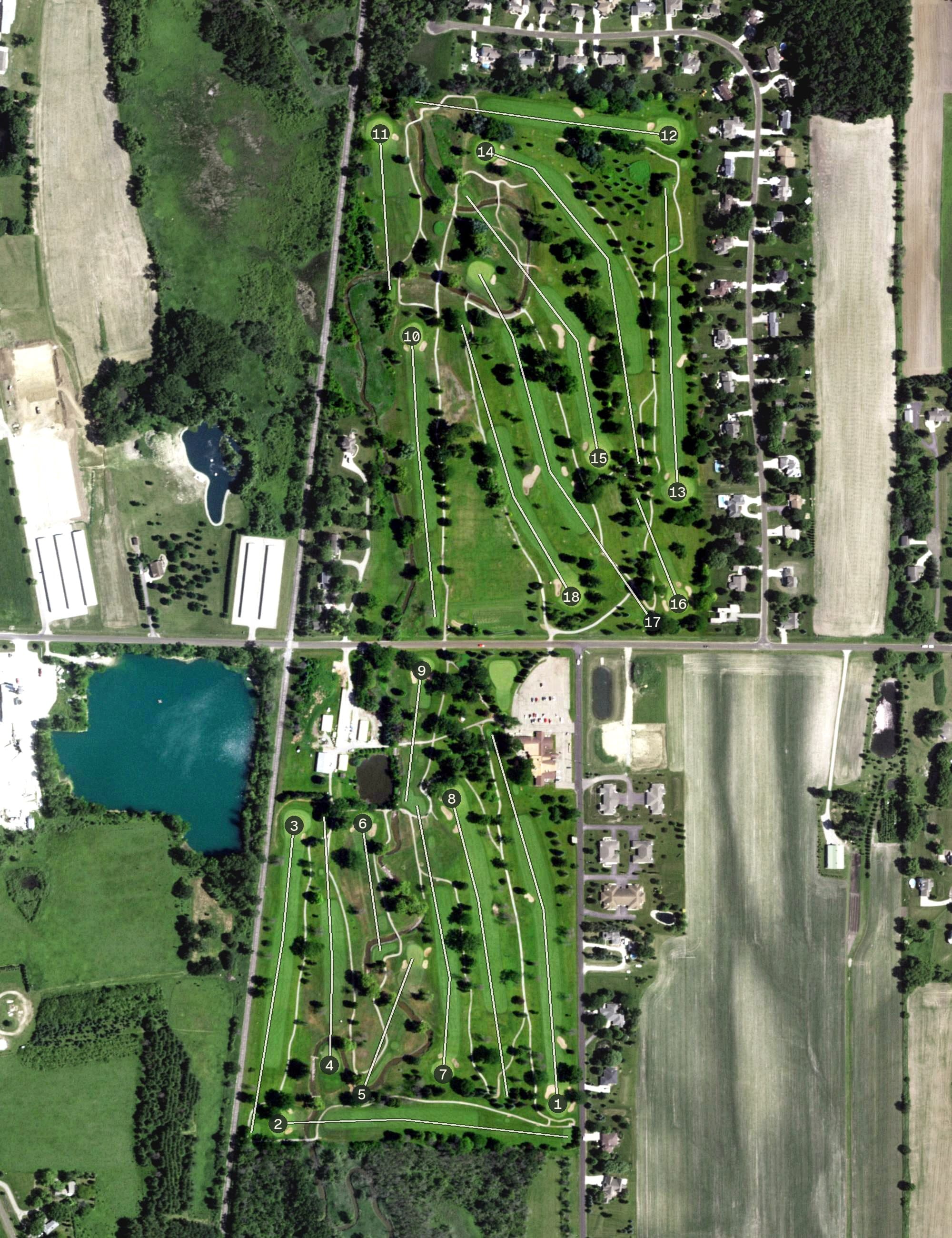 Aerial view of Watertown Coutry Club, WI, with its hole routing marked