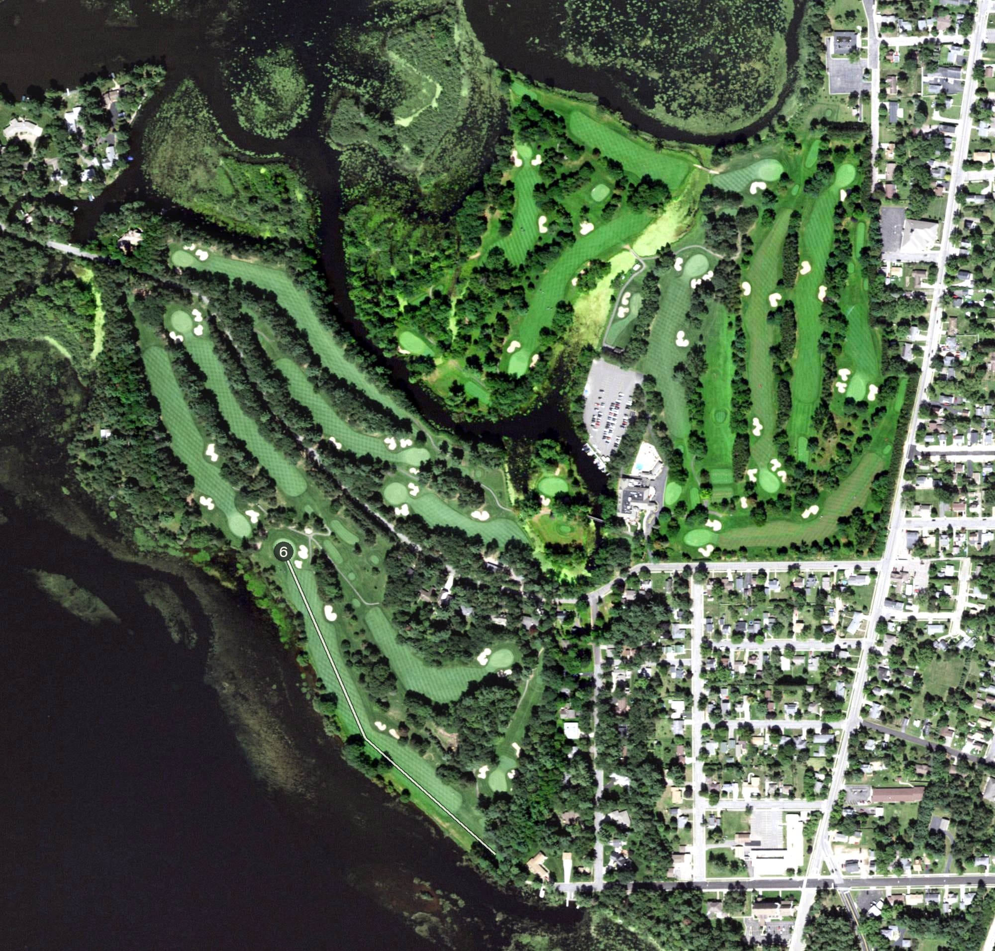 Aerial view of Wausau Country Club, WI, with its hole routing marked