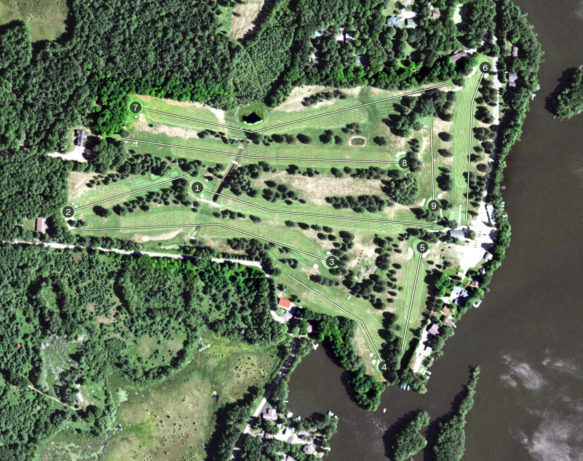 Aerial view of Westwood Golf Course, WI, with its hole routing marked
