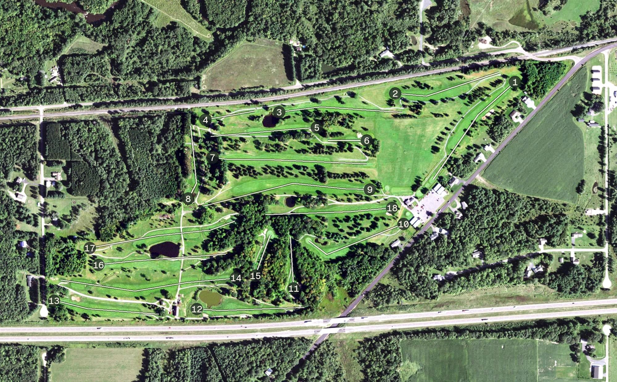 Aerial view of Whispering Pines Golf Course, WI, with its hole routing marked