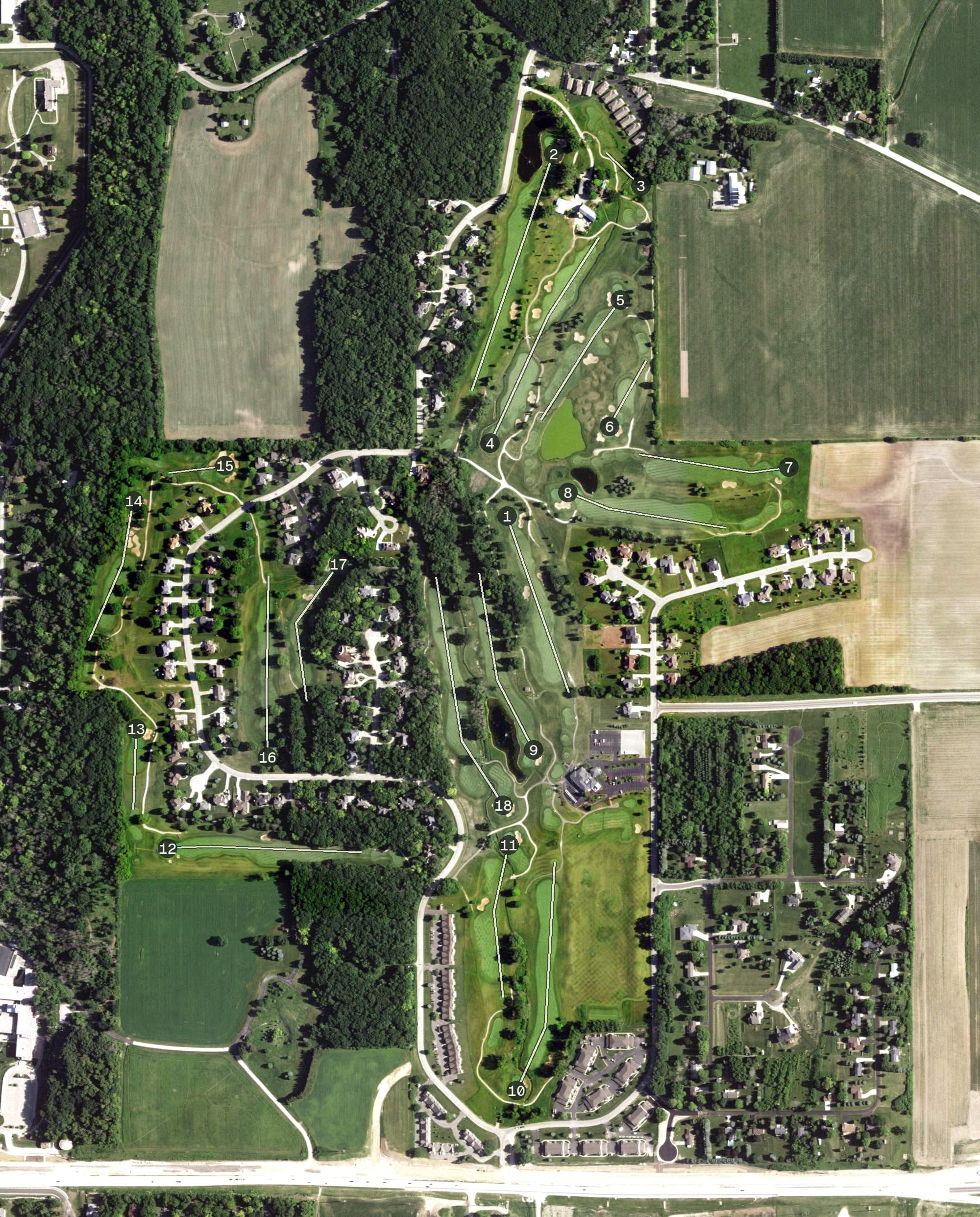 Aerial view of Whispering Springs Golf Club, WI, with its hole routing marked