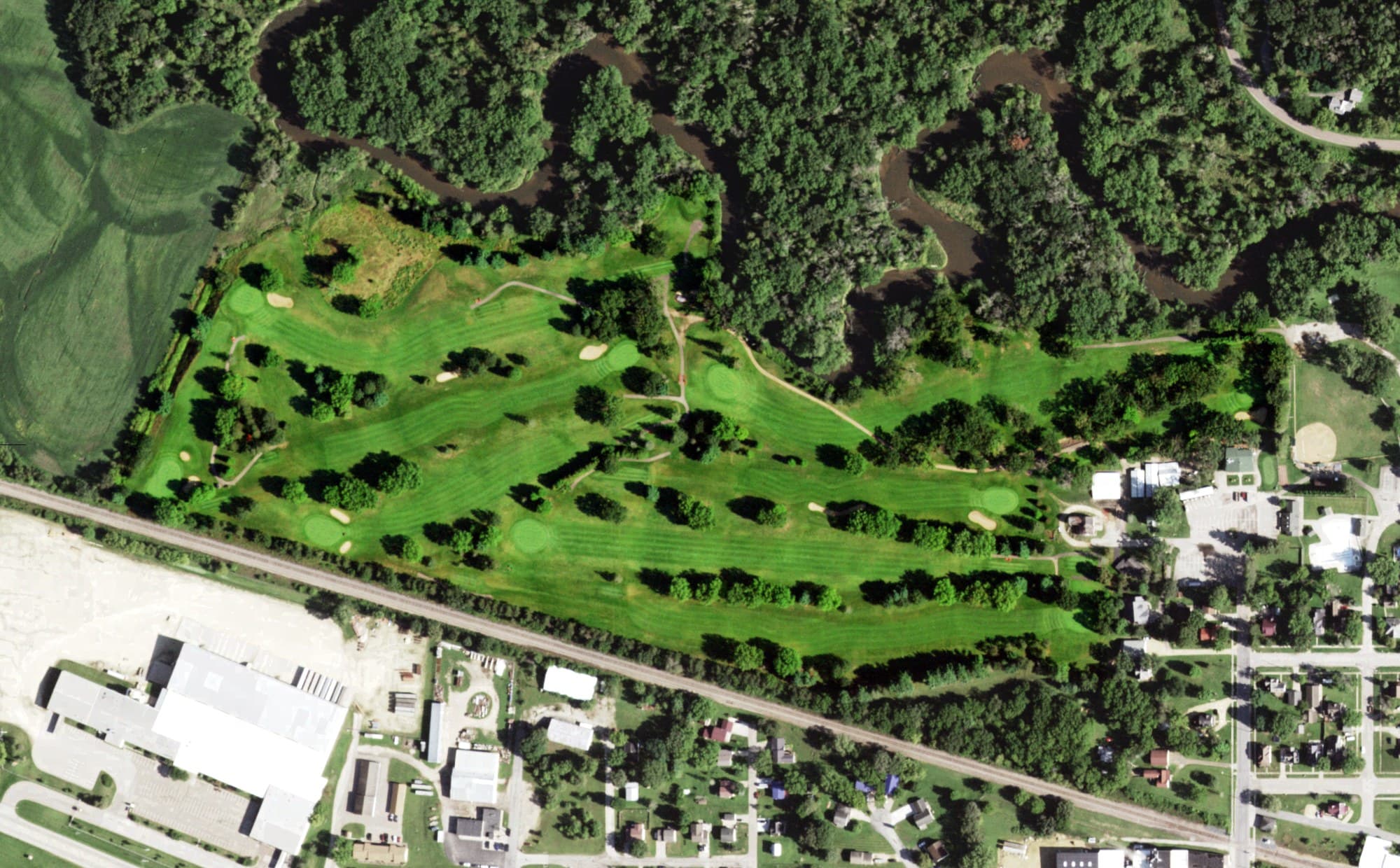 Aerial view of Whitehall Public Golf Course, WI, with its hole routing marked