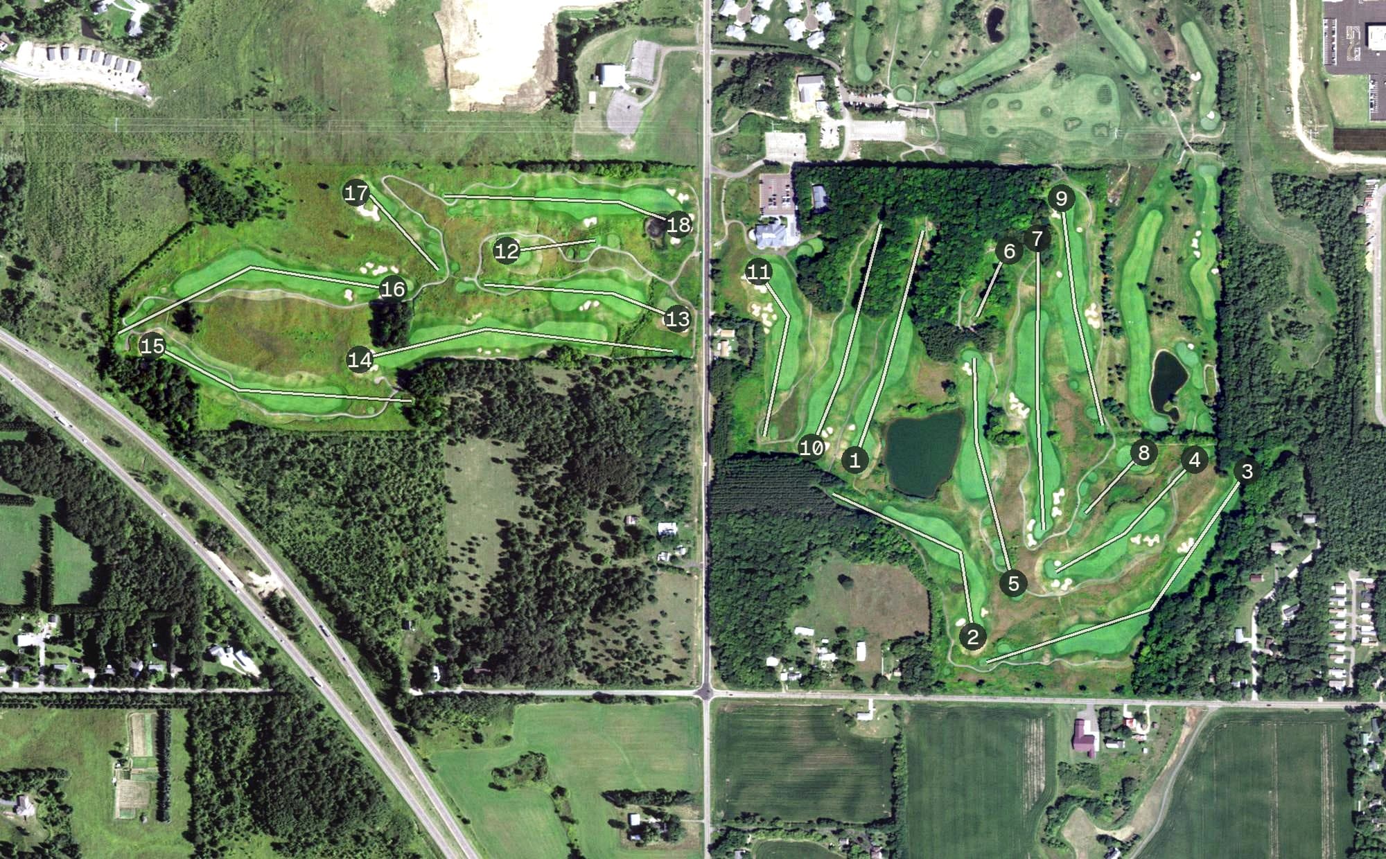 Aerial view of Wild Ridge Golf Course, WI, with its hole routing marked