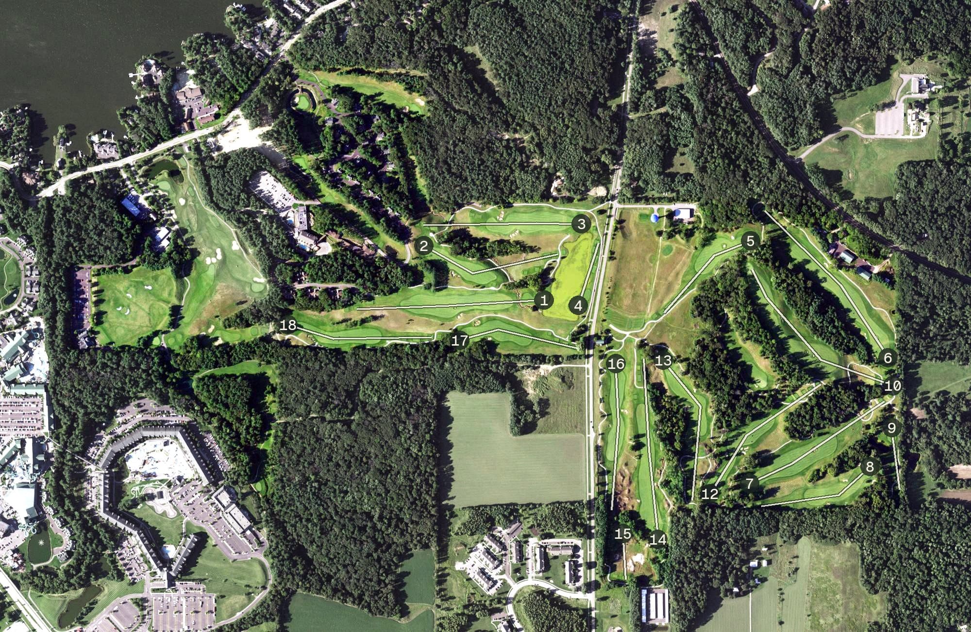 Aerial view of Wild Rock Golf Club at The Wilderness, WI, with its hole routing marked