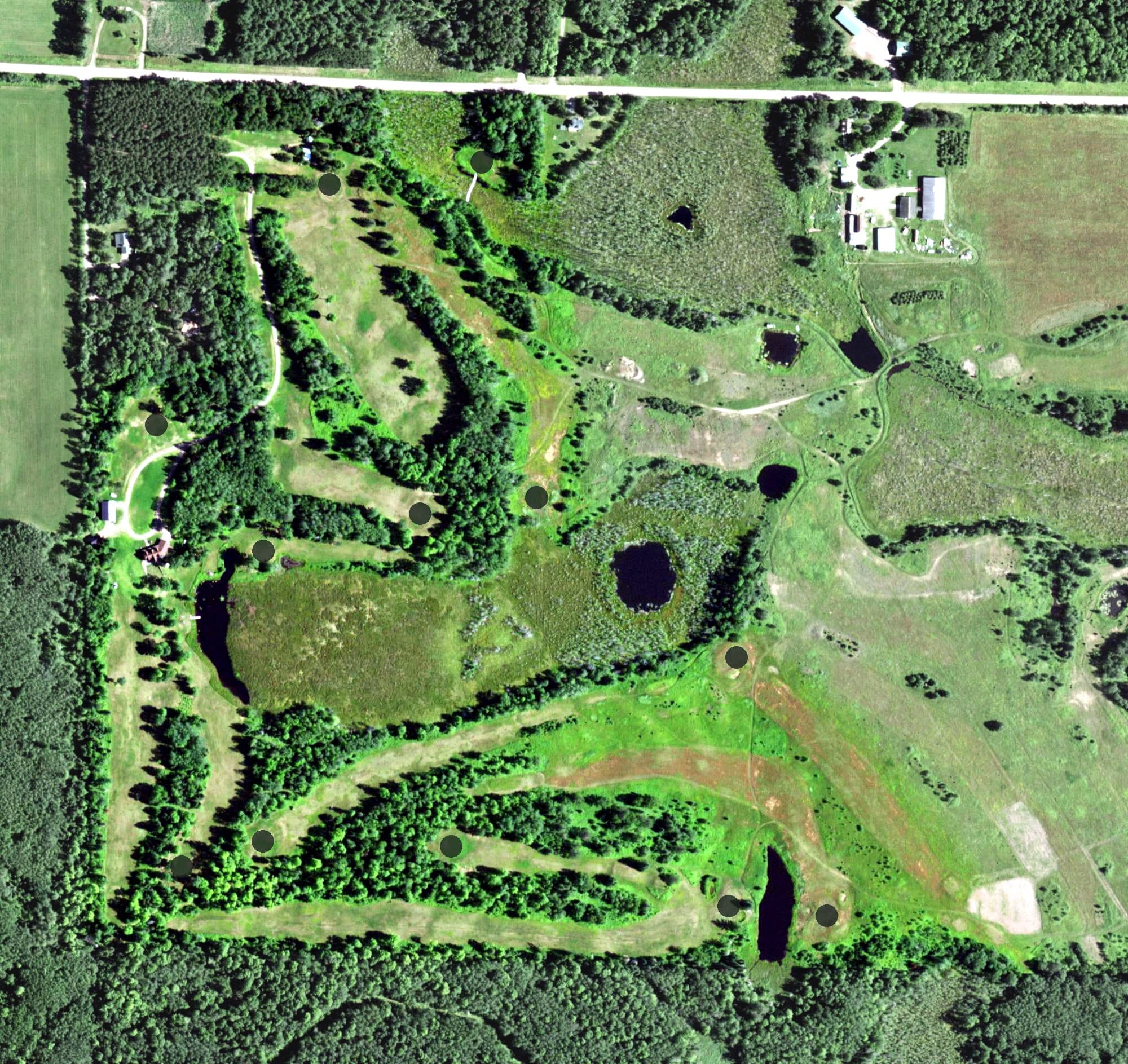 Aerial view of Wildwood Marshes Golf Course, WI, with its hole routing marked