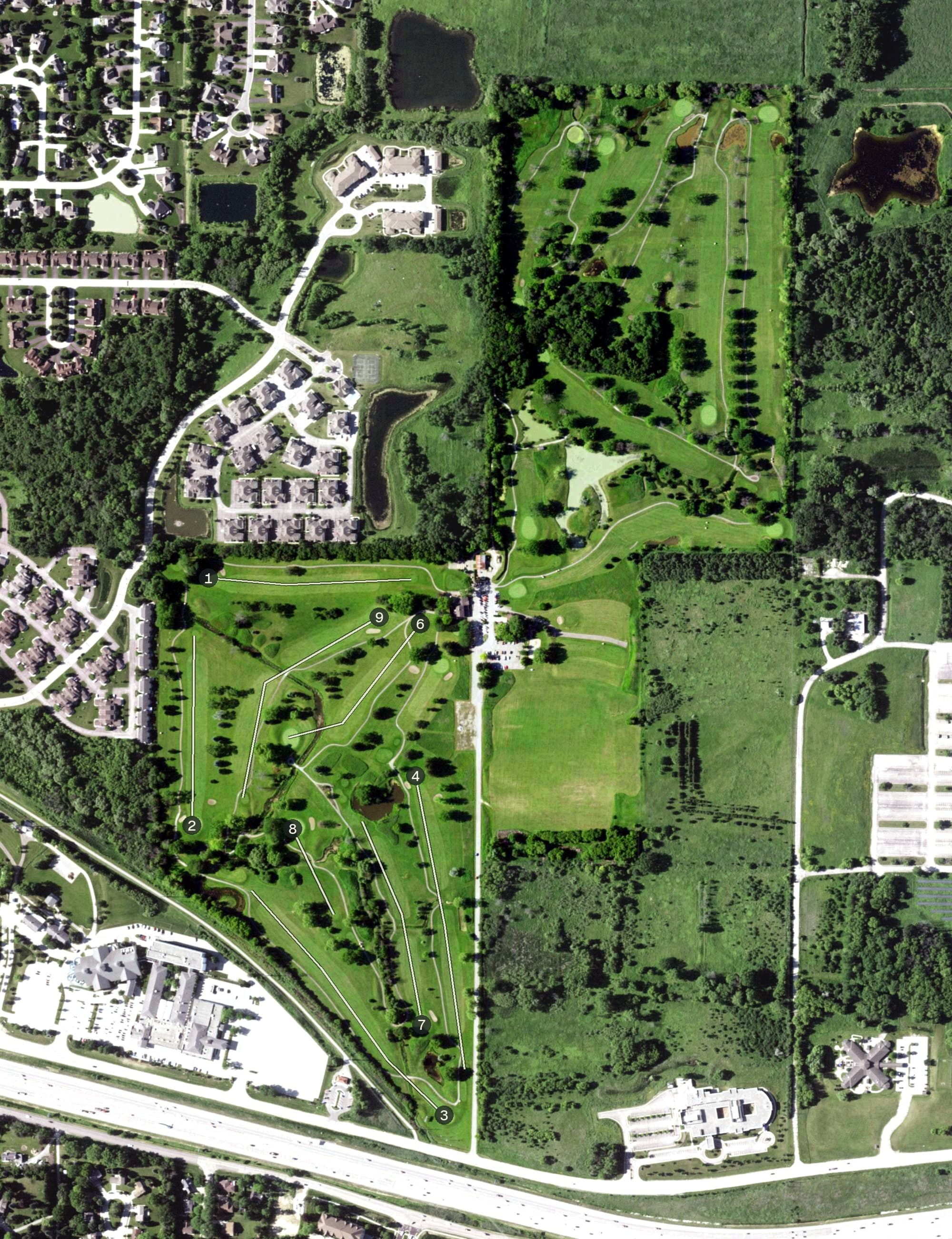 Aerial view of Willow Run Golf Club, WI, with its hole routing marked