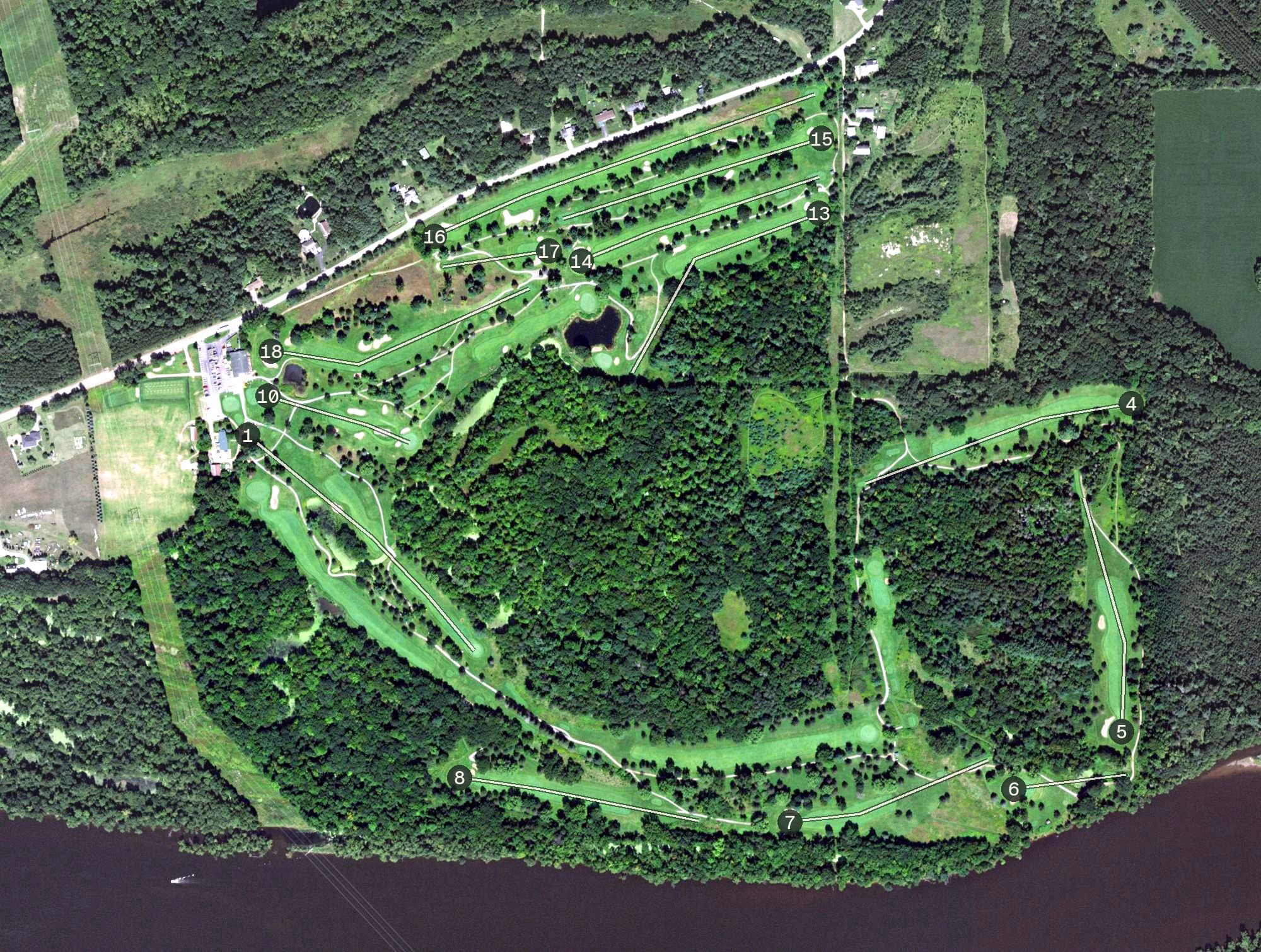 Aerial view of Wisconsin River Country Club, WI, with its hole routing marked