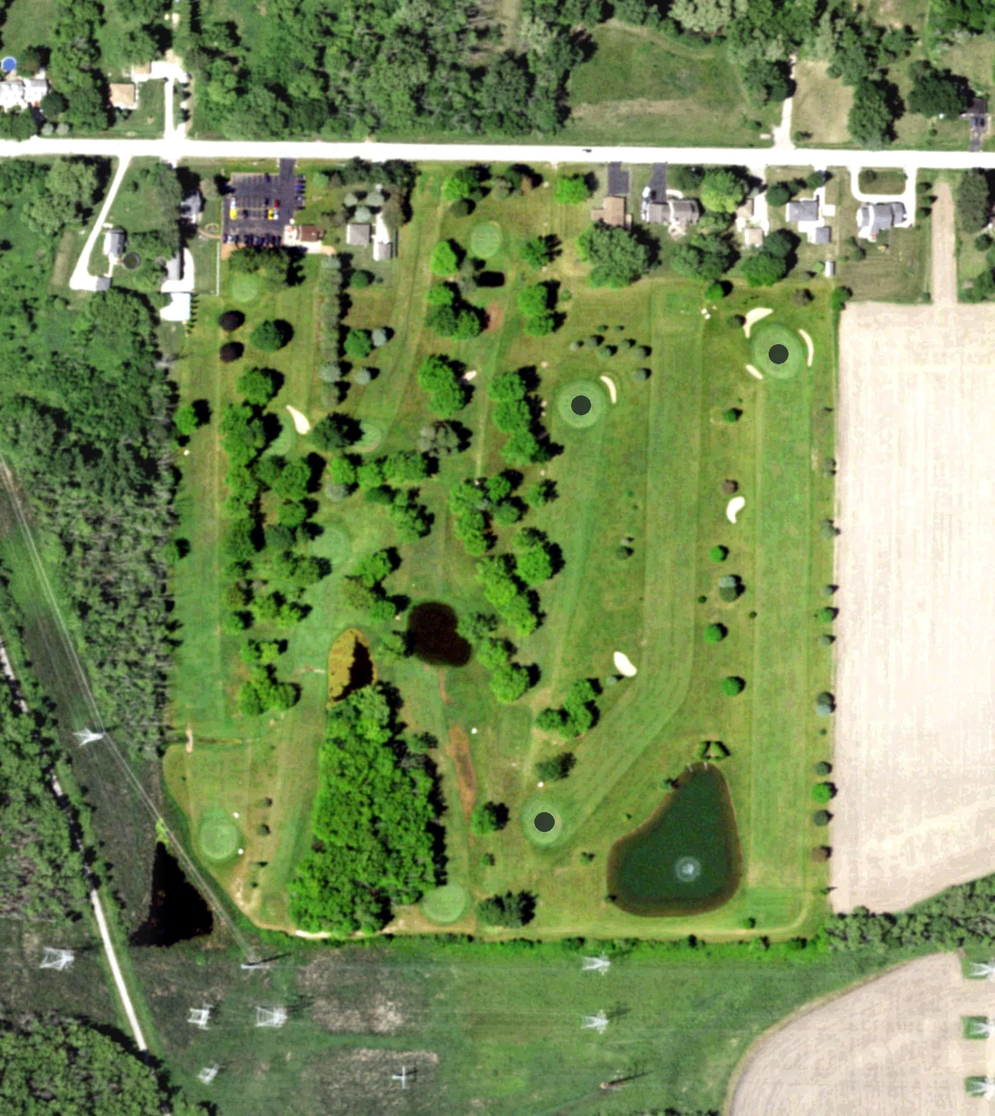Aerial view of Woodland Golf Course, WI, with its hole routing marked