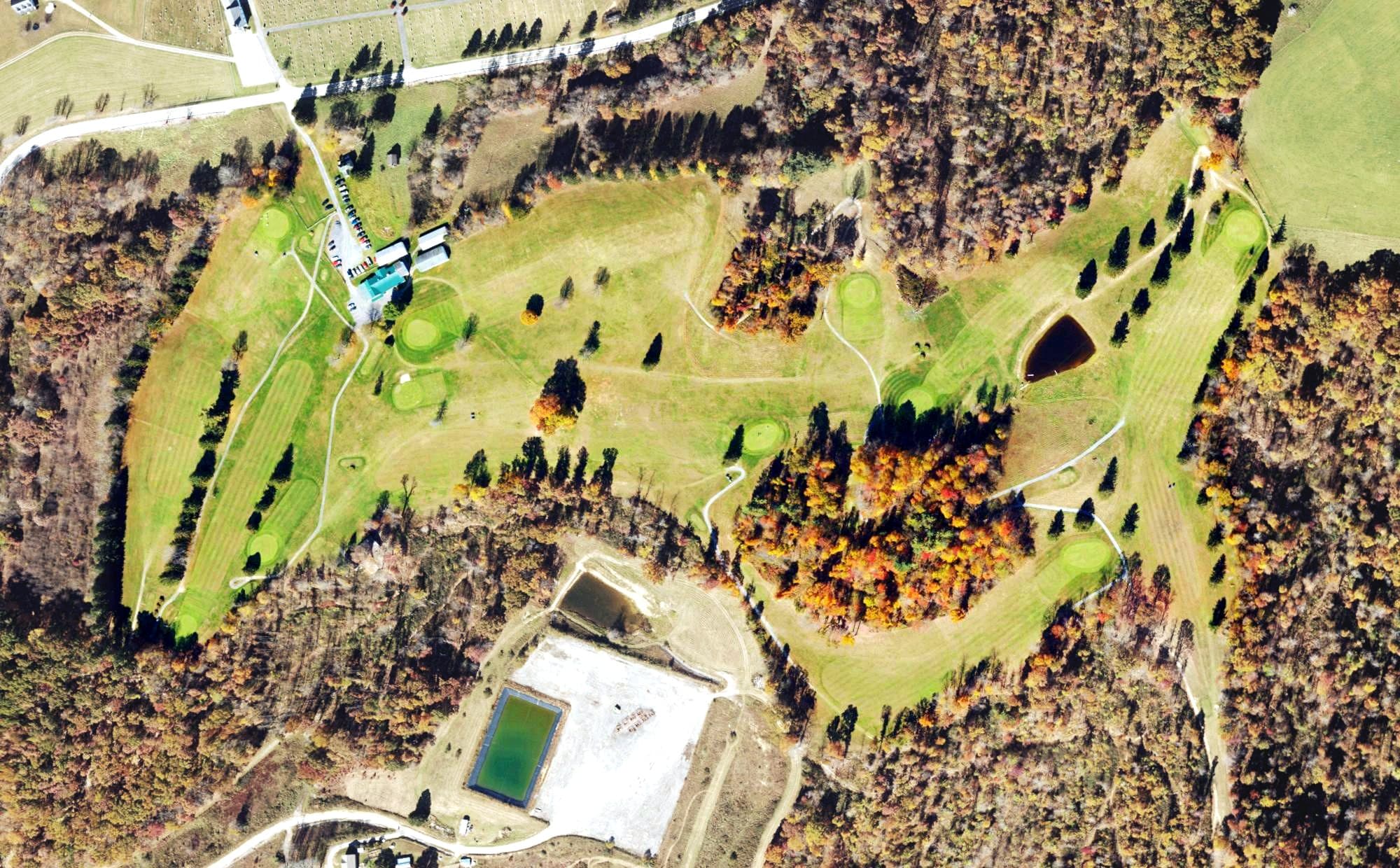 Aerial view of Barbour Country Club Golf Course, WV, with its hole routing marked
