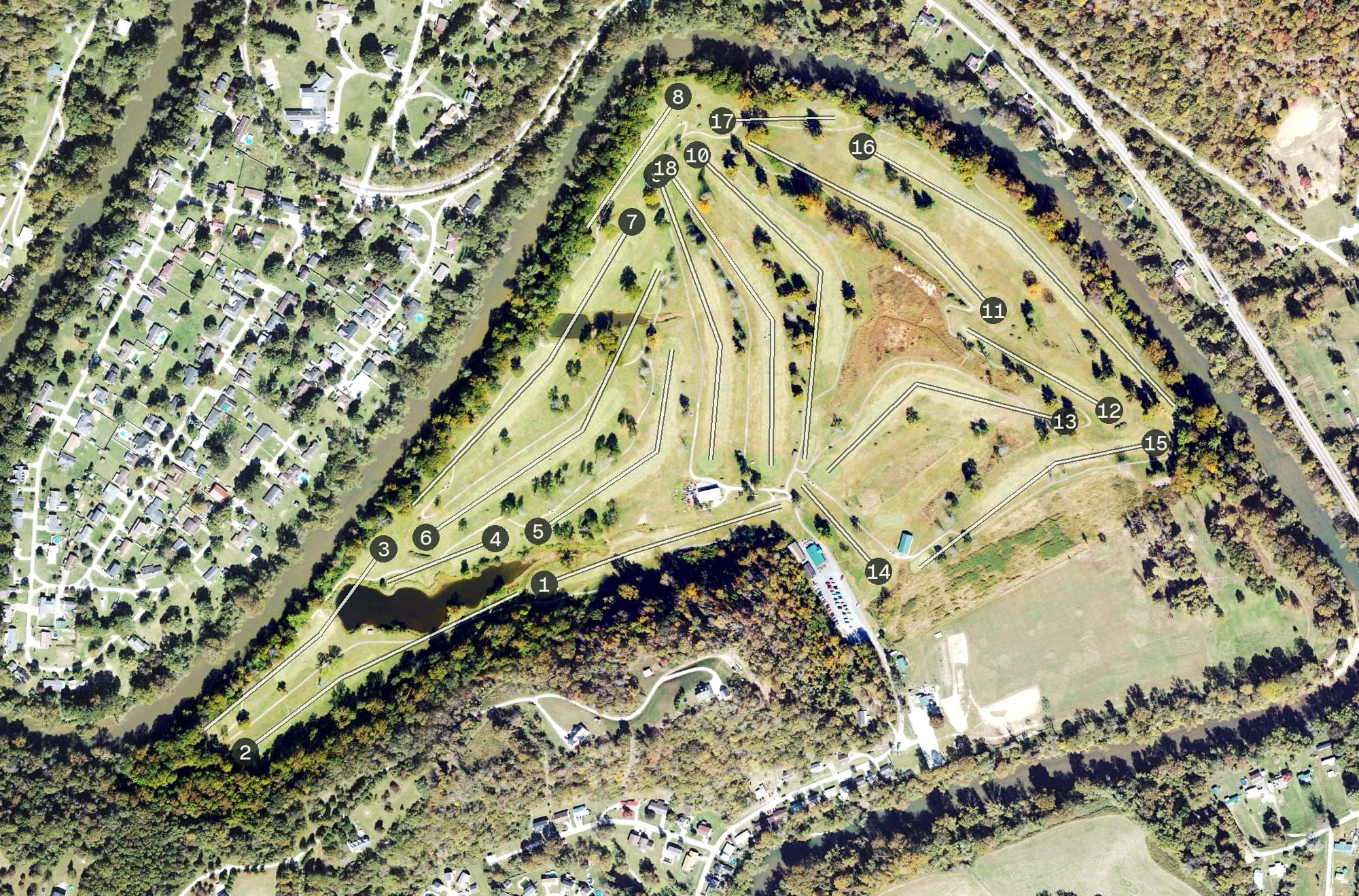 Aerial view of Big Bend Golf Course, WV, with its hole routing marked