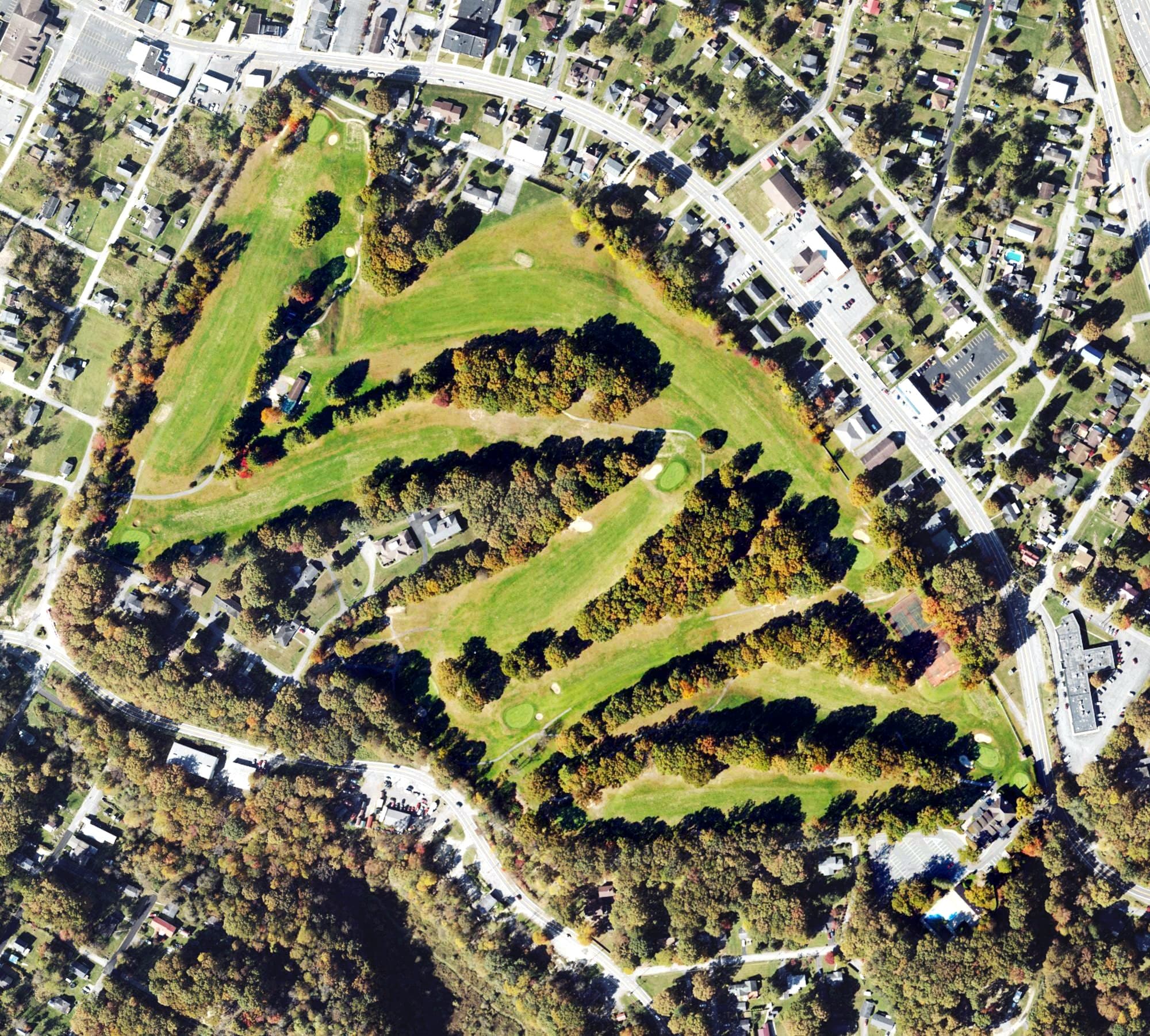 Aerial view of Black Knight Golf Course, WV, with its hole routing marked