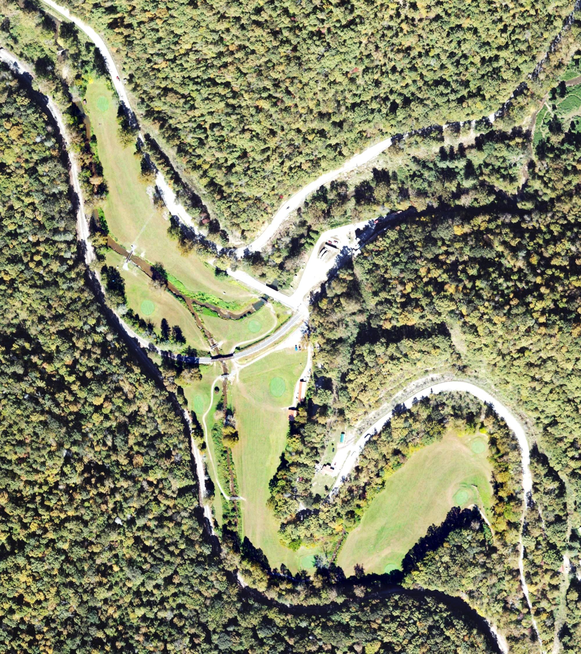 Aerial view of Black Wolf Links Golf Course, WV, with its hole routing marked
