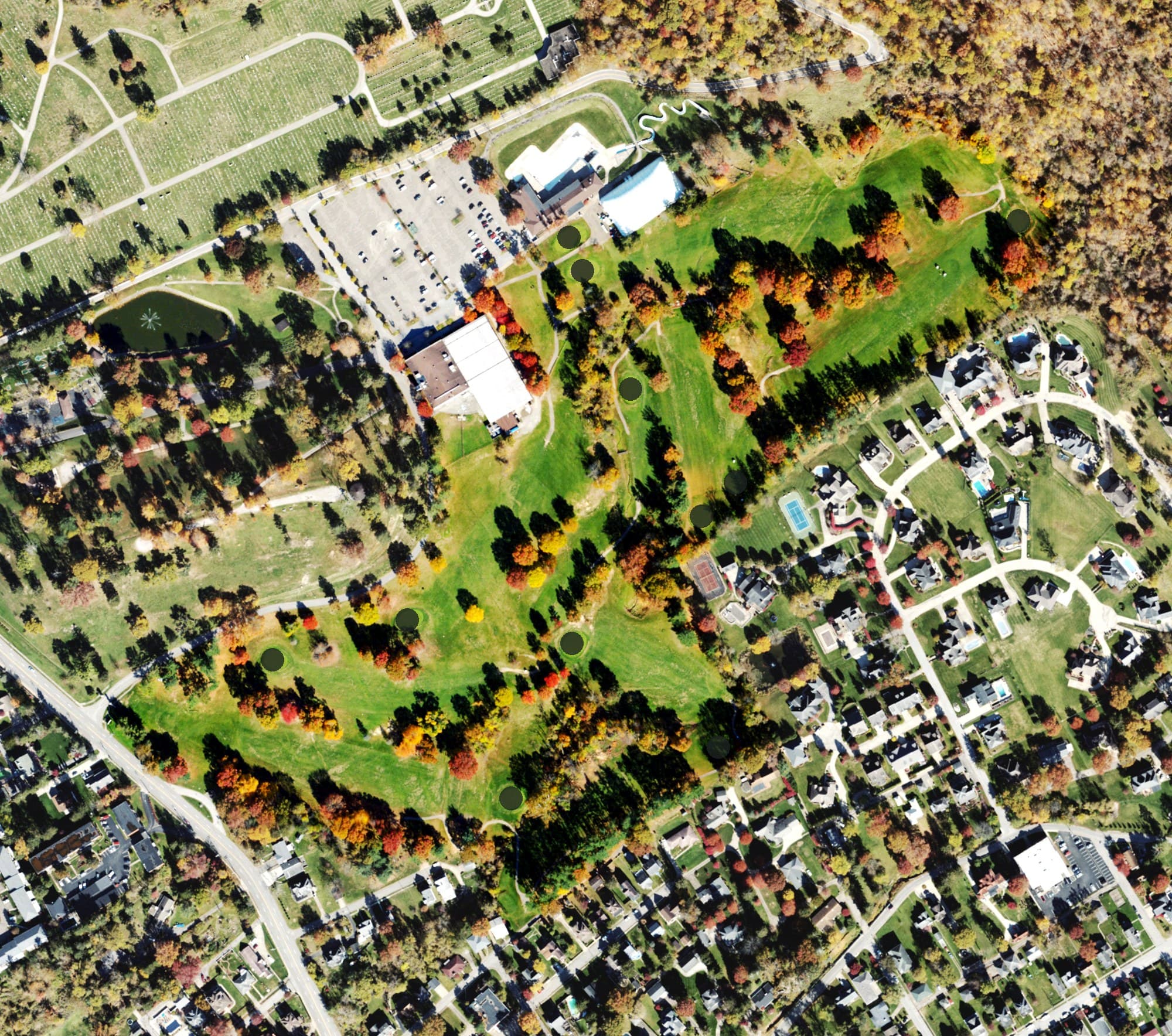 Aerial view of Bloch Memorial Golf Course, WV, with its hole routing marked