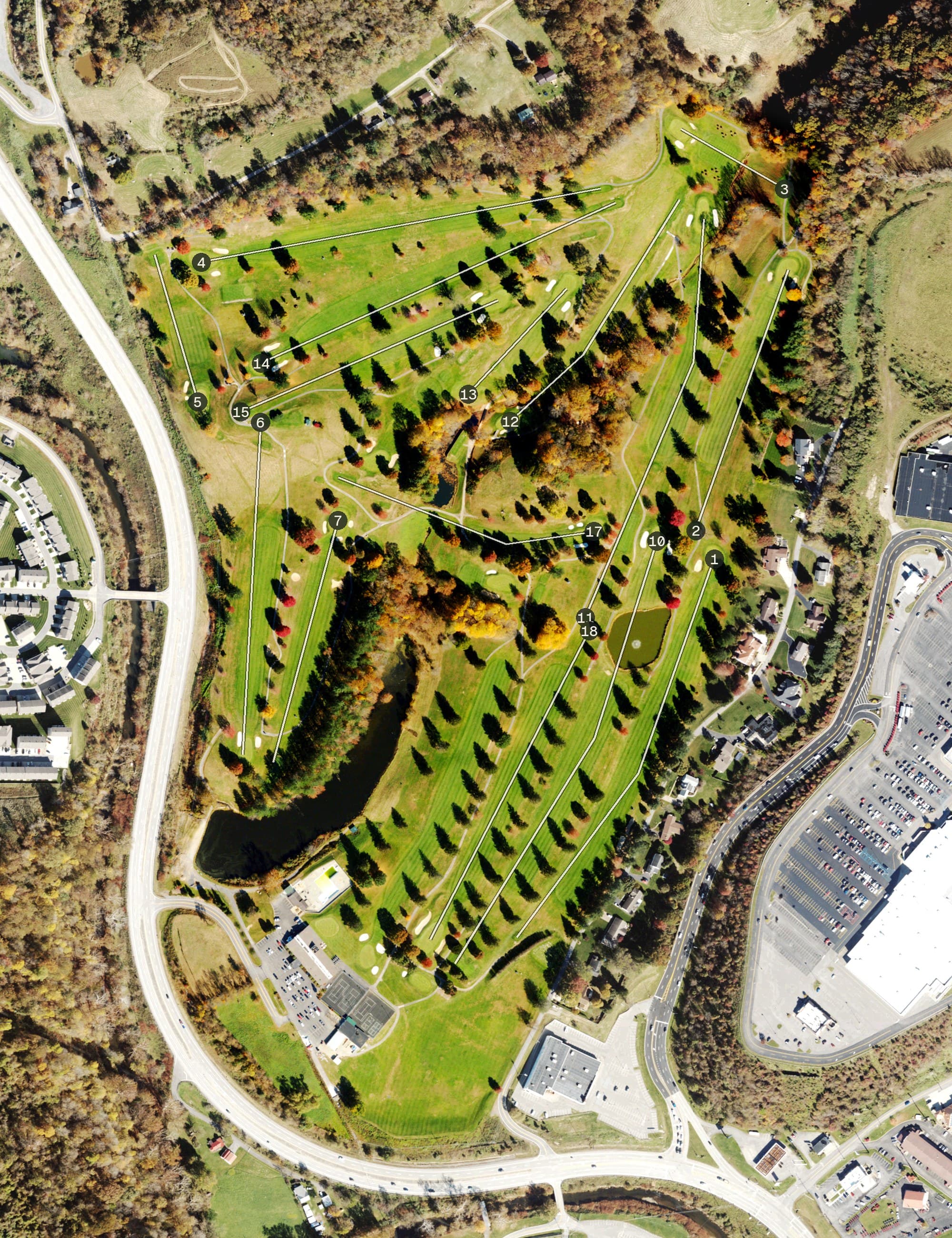 Aerial view of Bridgeport Country Club, WV, with its hole routing marked