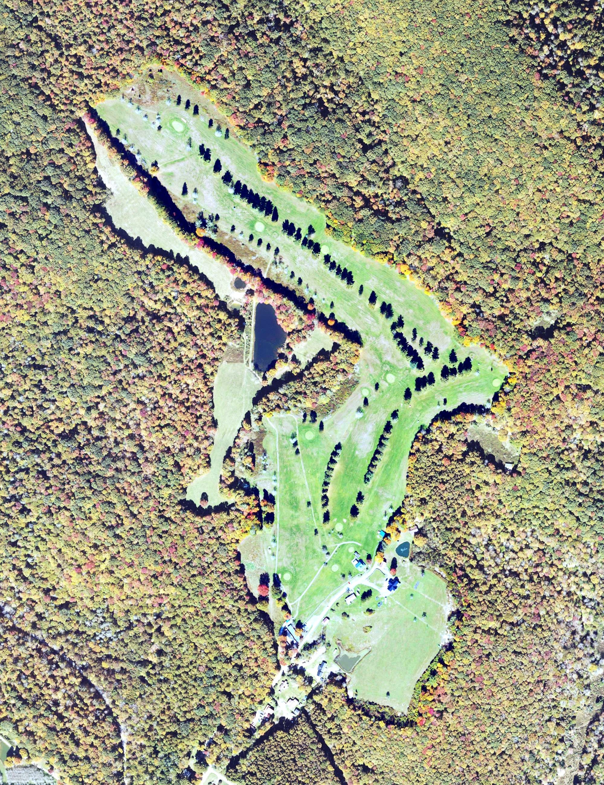 Aerial view of Cherry Hill Country Club, WV, with its hole routing marked