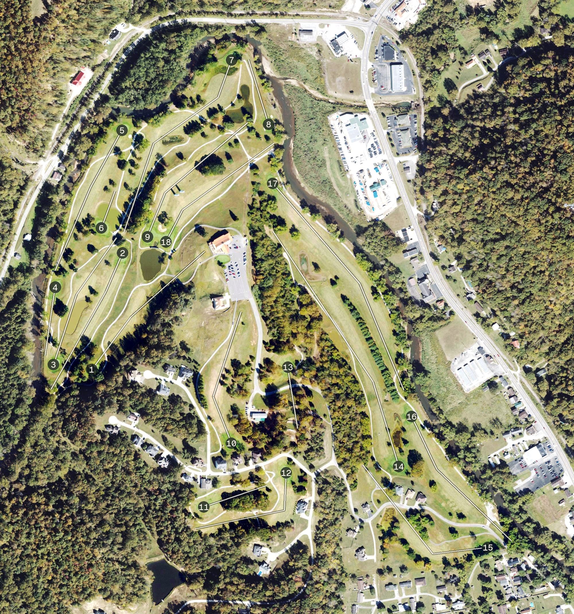 Aerial view of Creekside Golf Course, WV, with its hole routing marked