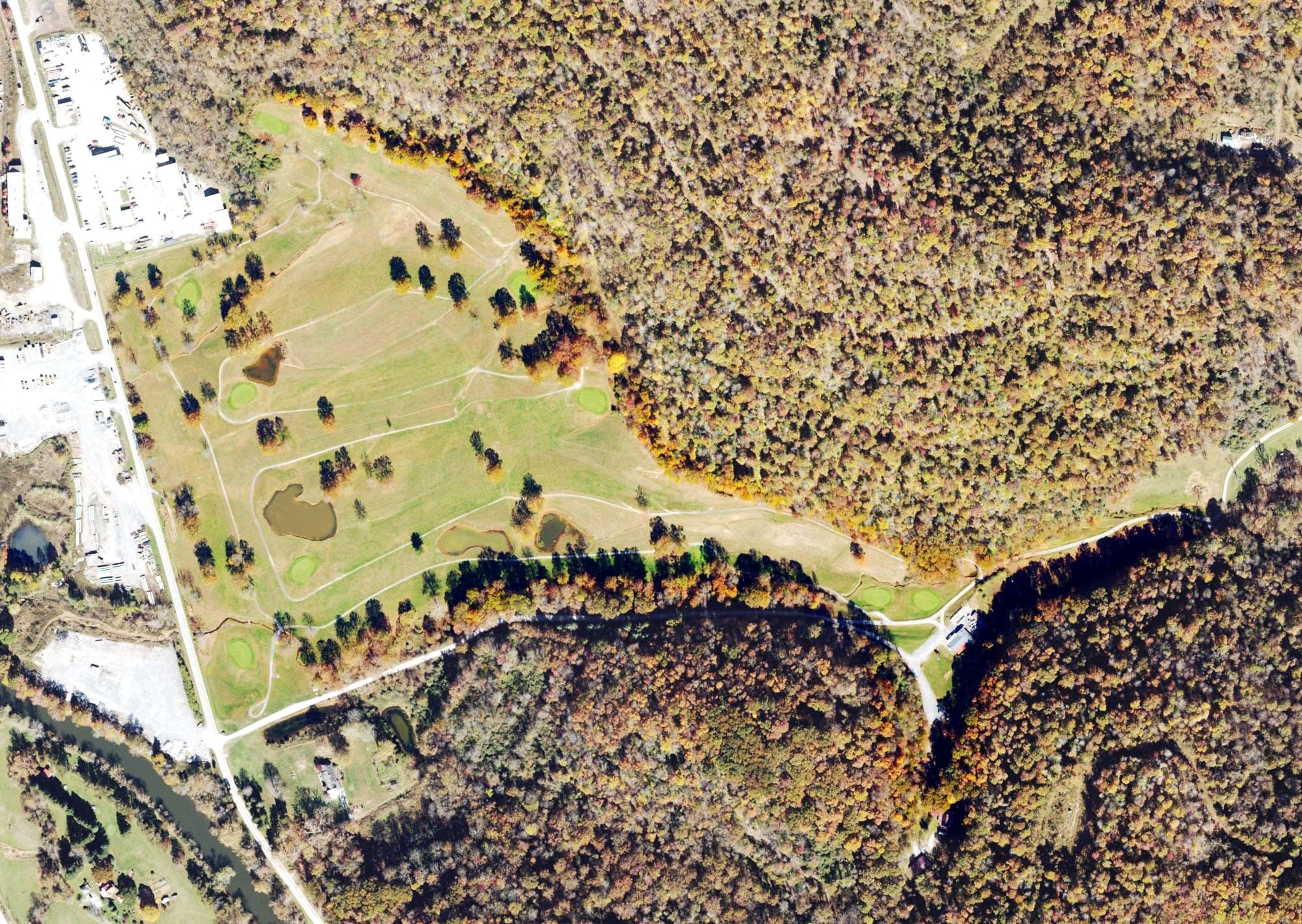 Aerial view of Deerfield Country Club Golf Course, WV, with its hole routing marked