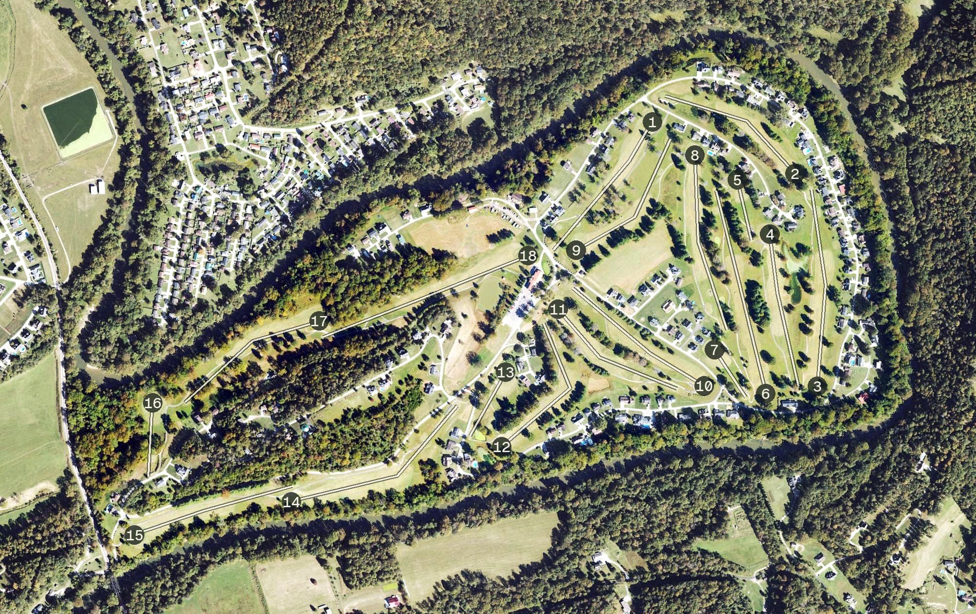 Aerial view of Esquire Country Club, WV, with its hole routing marked