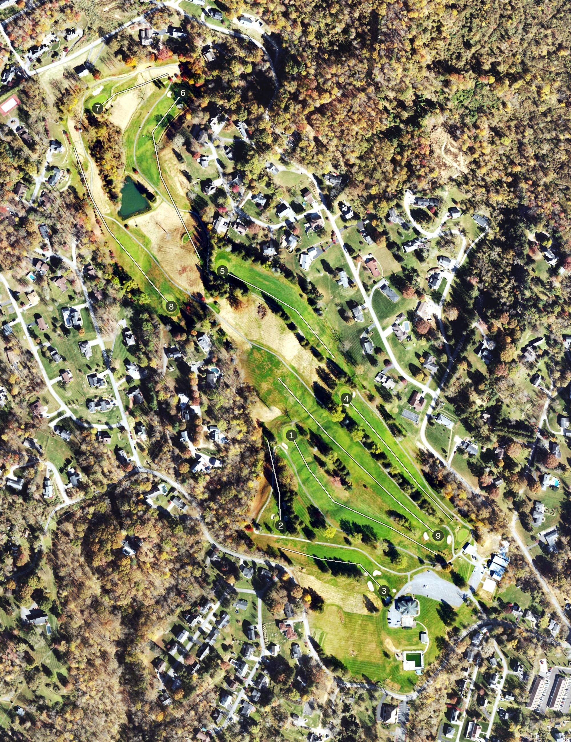 Aerial view of Fairmont Field Club, WV, with its hole routing marked
