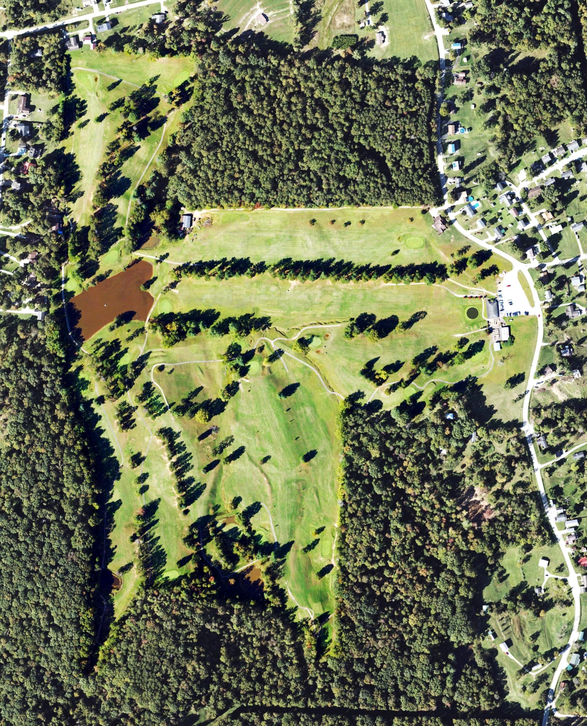 Aerial view of Golf Club of West Virginia, WV, with its hole routing marked
