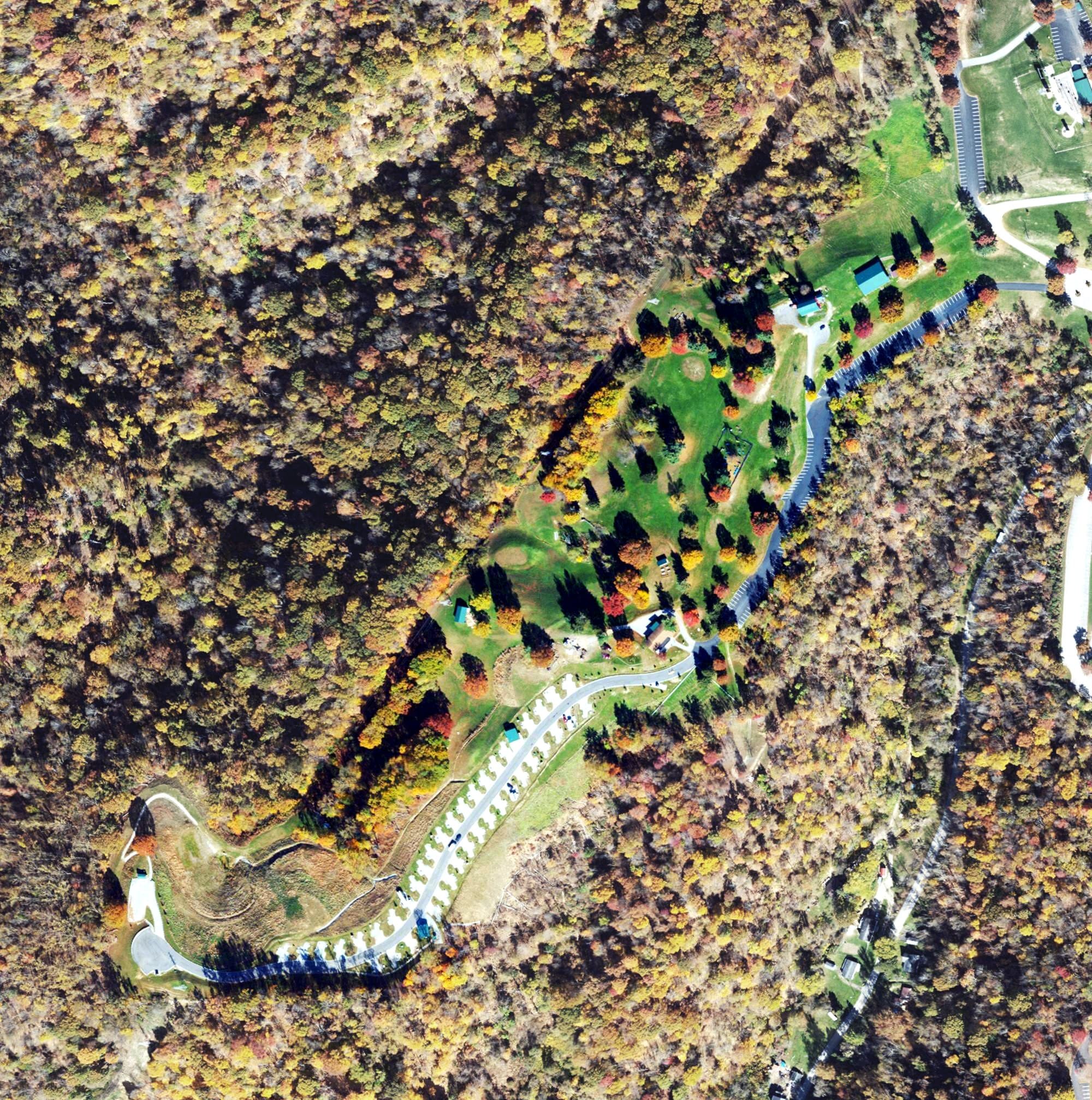 Aerial view of Grand Vue Park Golf Course, WV, with its hole routing marked