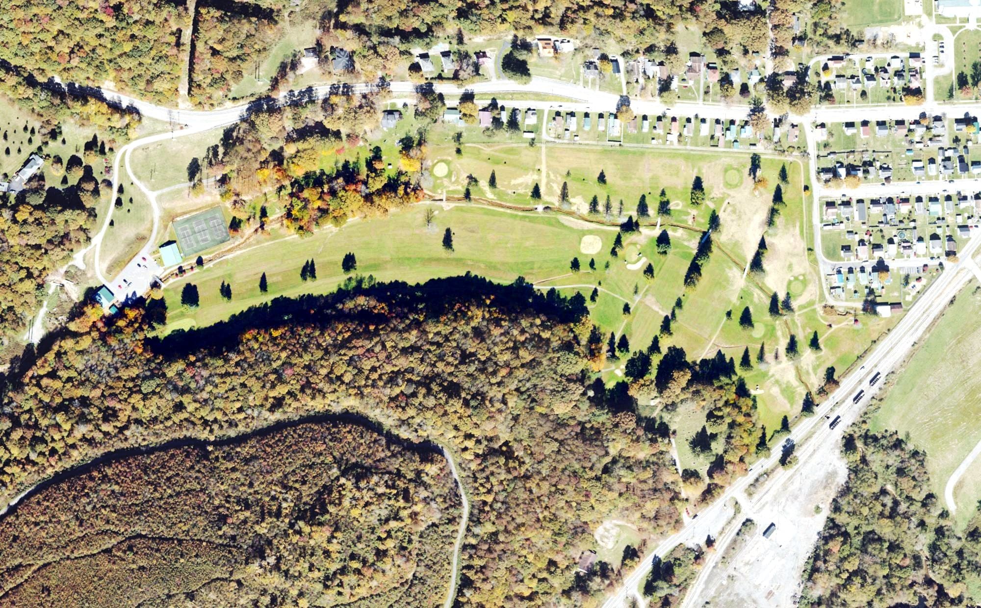 Aerial view of Greenbrier Hills Golf Club, WV, with its hole routing marked