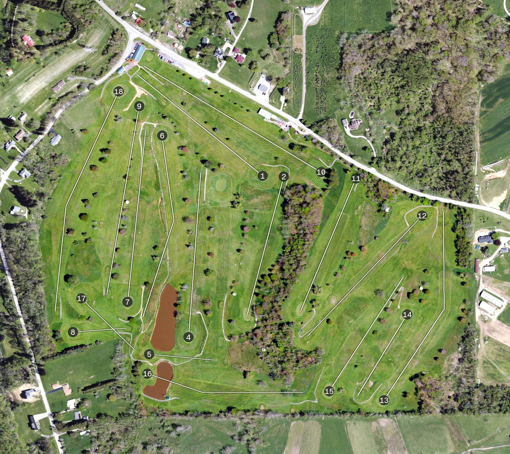 Aerial view of Highland Springs Golf Course, WV, with its hole routing marked