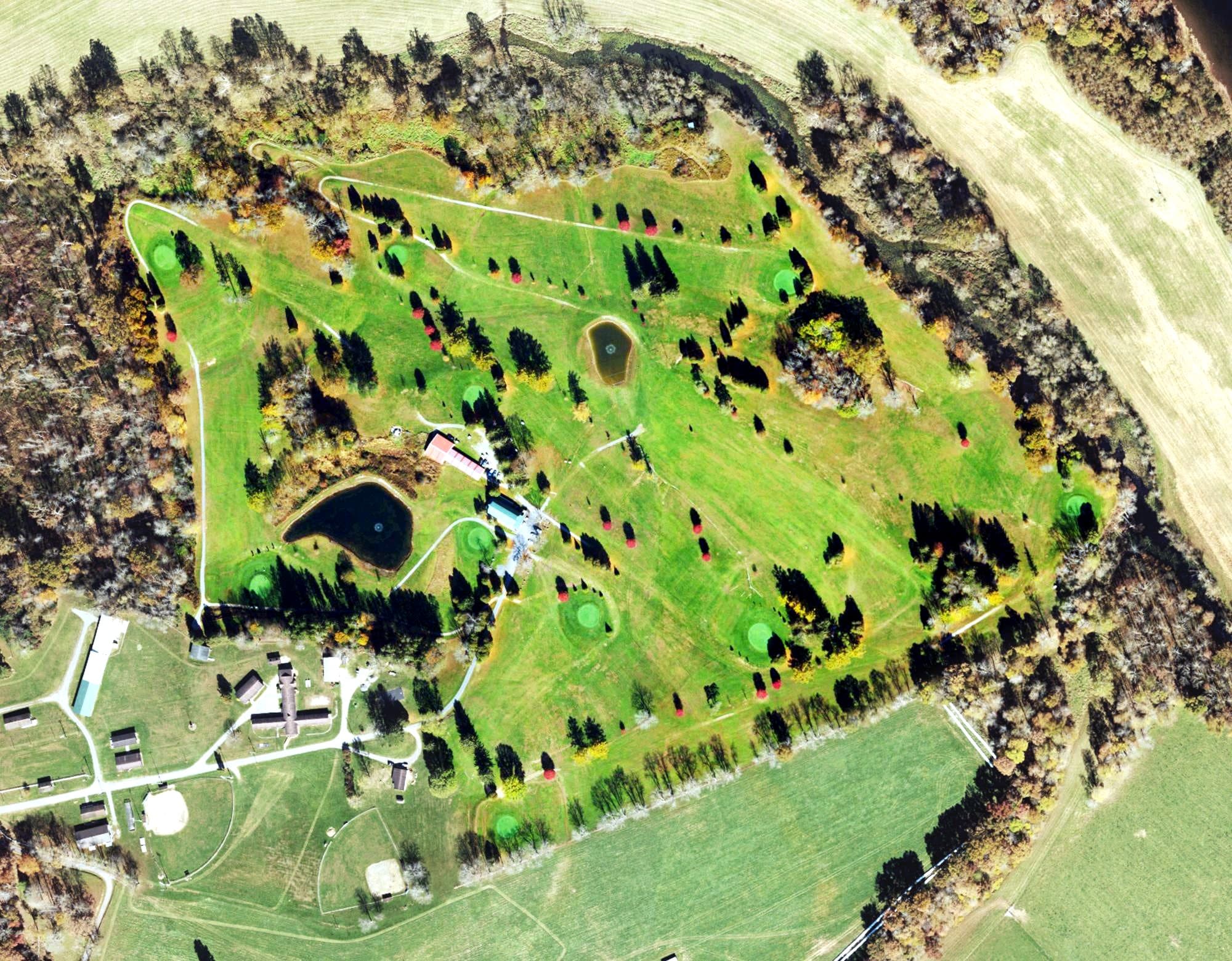 Aerial view of Holly Meadows Golf Course, WV, with its hole routing marked