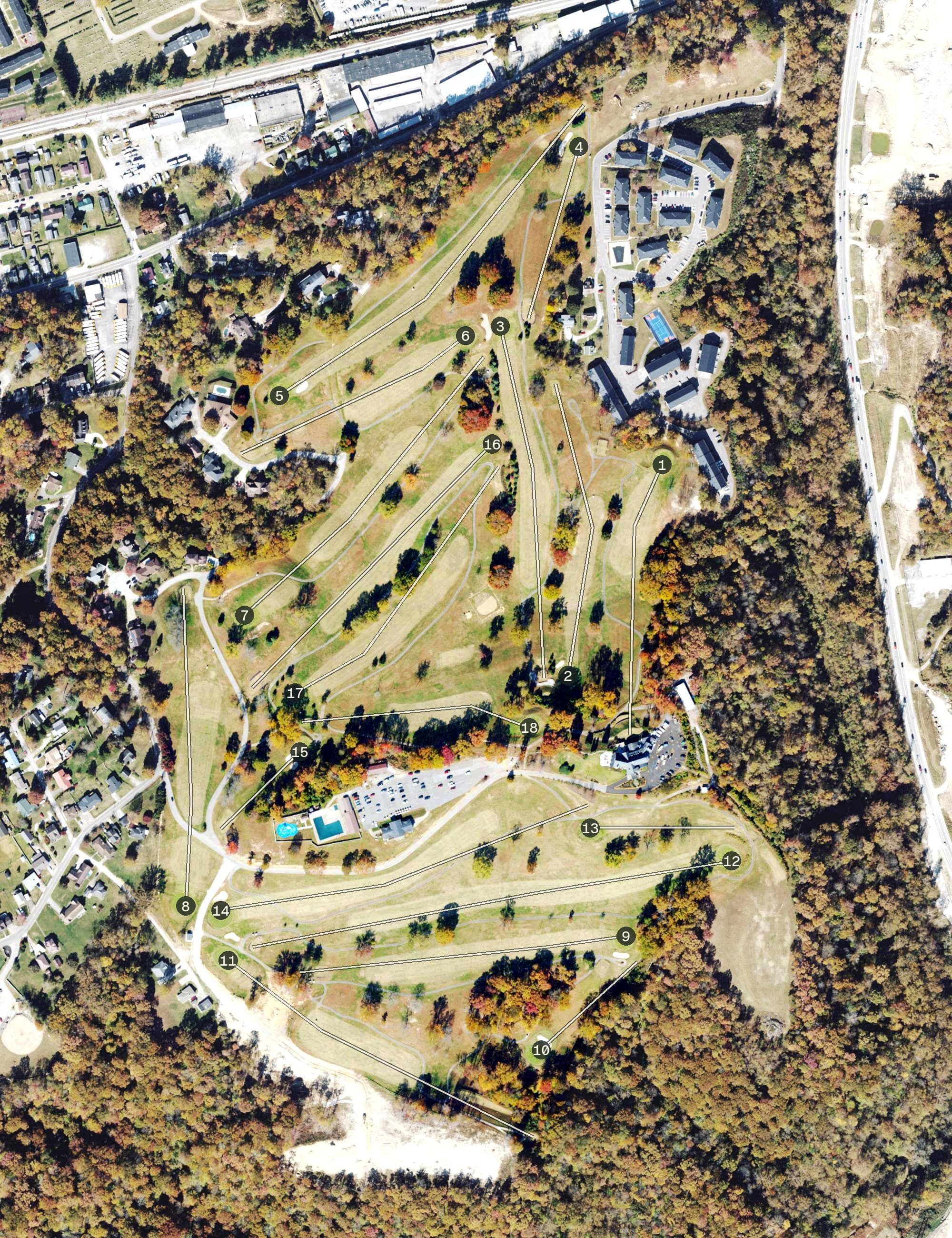 Aerial view of Little Creek Golf Course, WV, with its hole routing marked