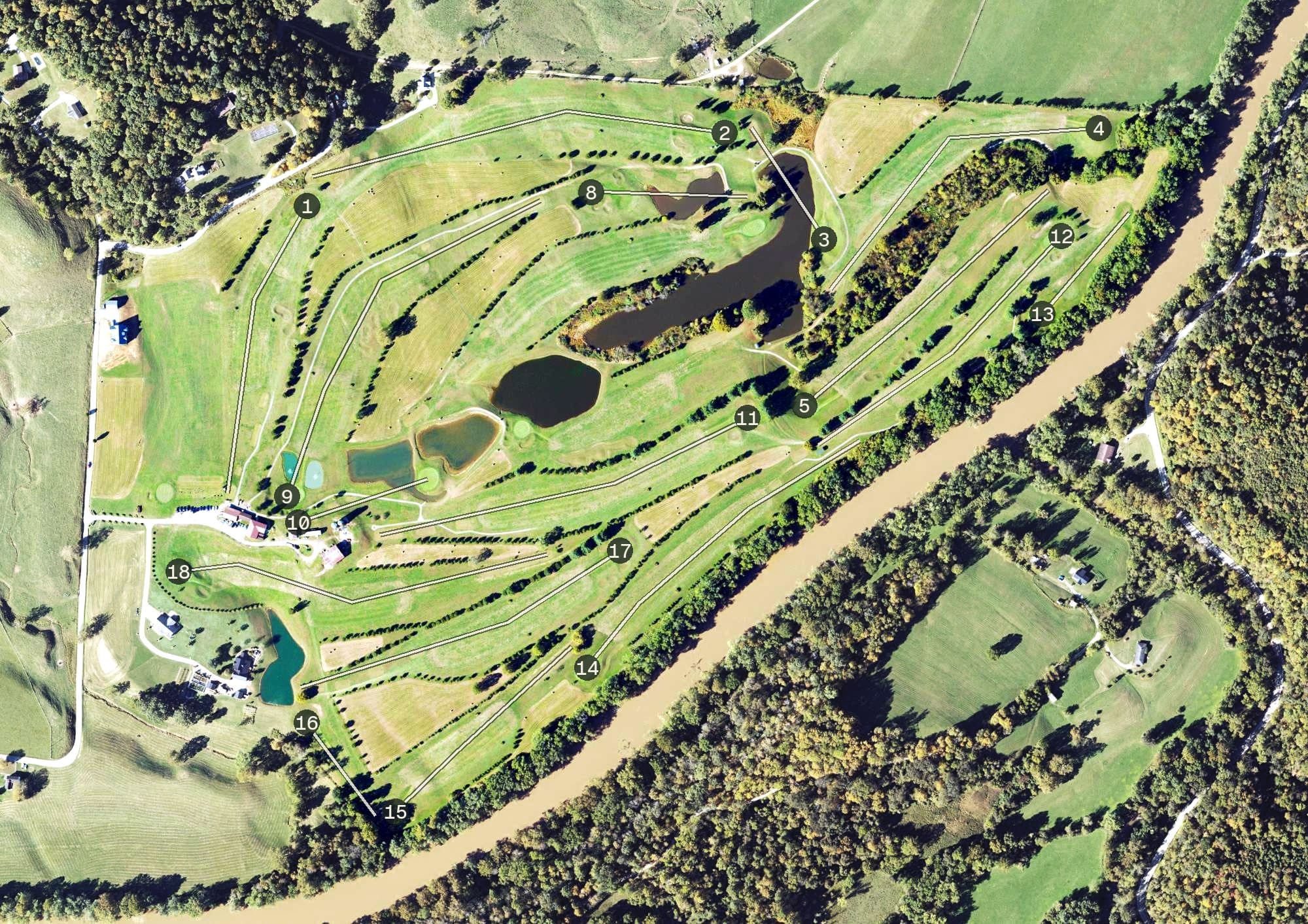 Aerial view of Mingo Bottom Golf Club, WV, with its hole routing marked