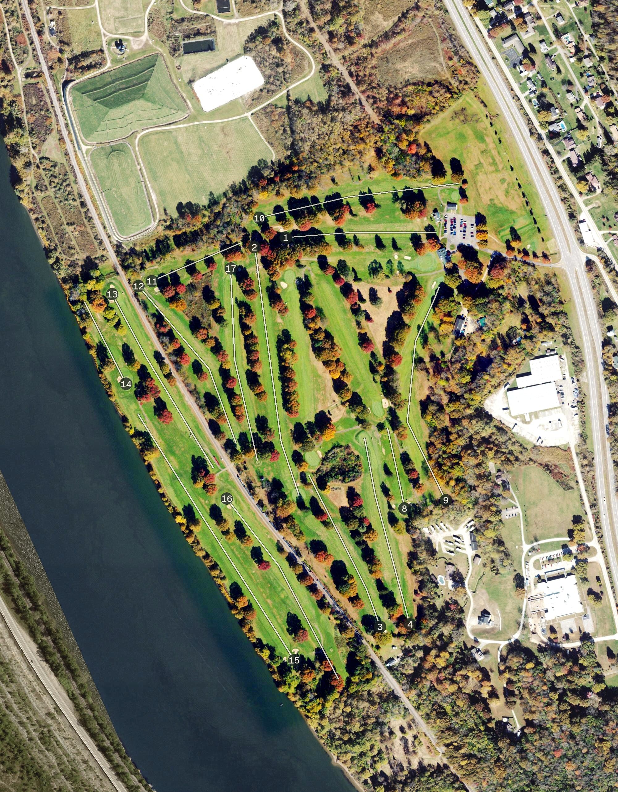 Aerial view of Moundsville Country Club, WV, with its hole routing marked