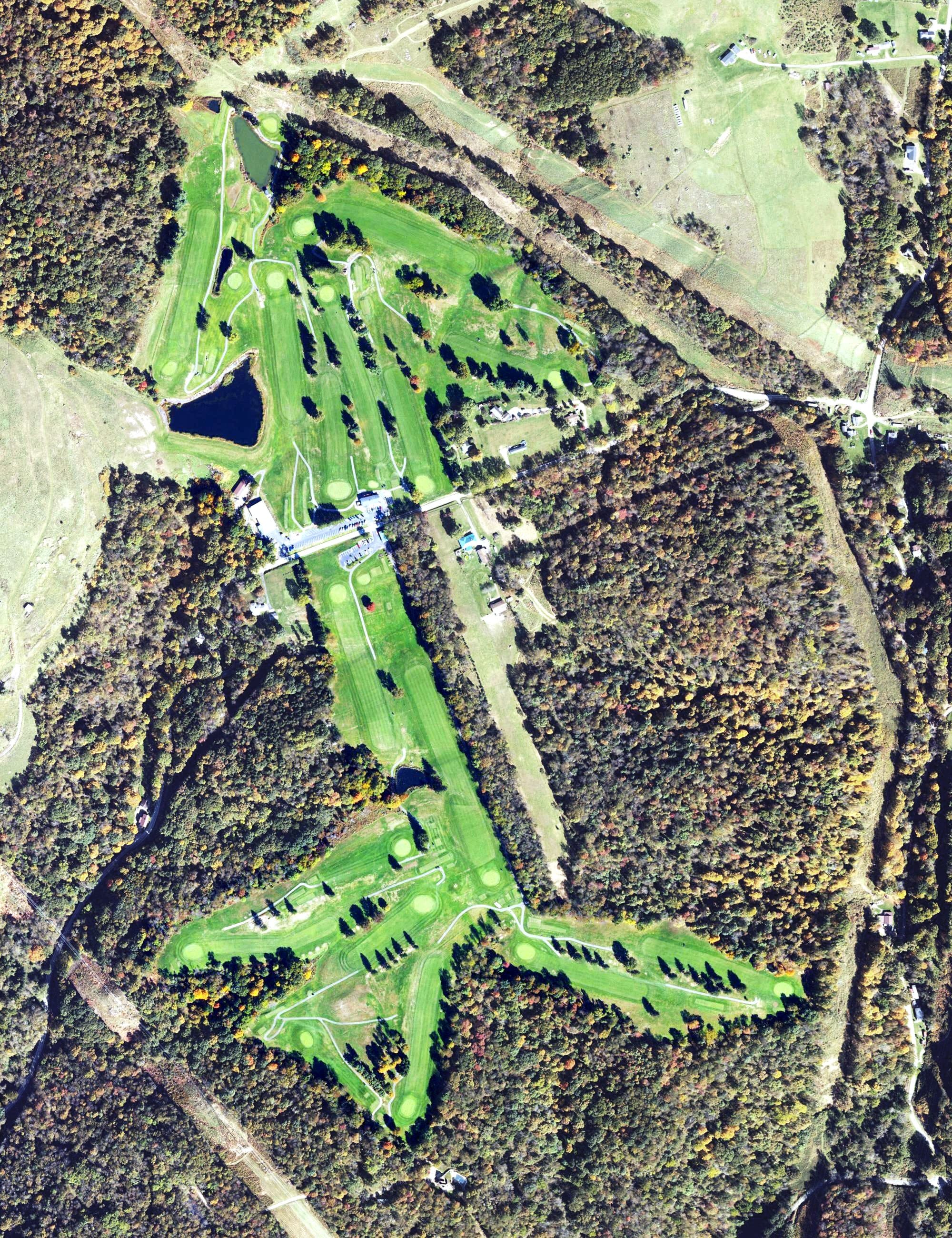 Aerial view of Mountaineer Woodview Golf Course, WV, with its hole routing marked