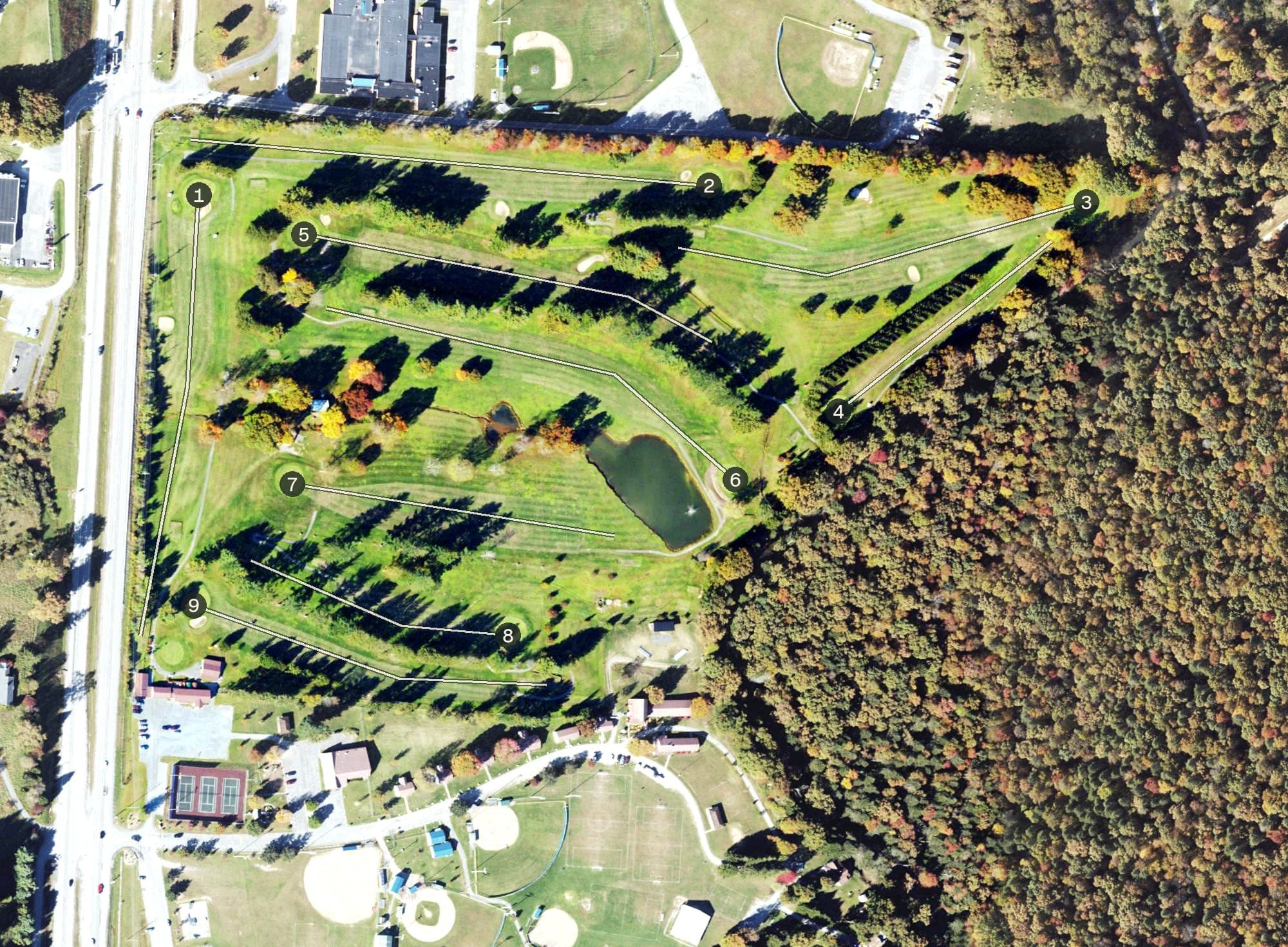 Aerial view of Nicholas Memorial Golf Course, WV, with its hole routing marked